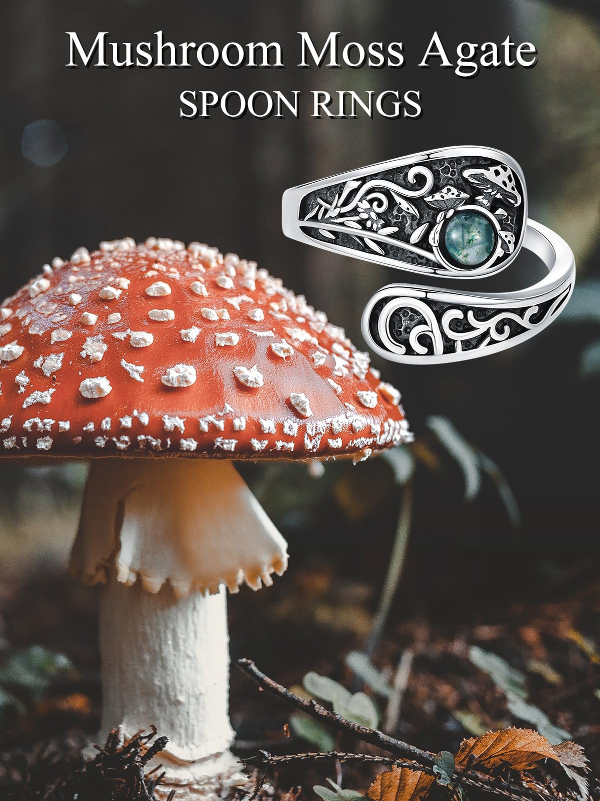 Midari Mushroom Spoon Ring 925 Sterling Silver Moss Agate Rings for Women Vintage Adjustable Thumb Rings Mushroom Ring Jewelry Gifts for Women Birthday Christmas Gifts