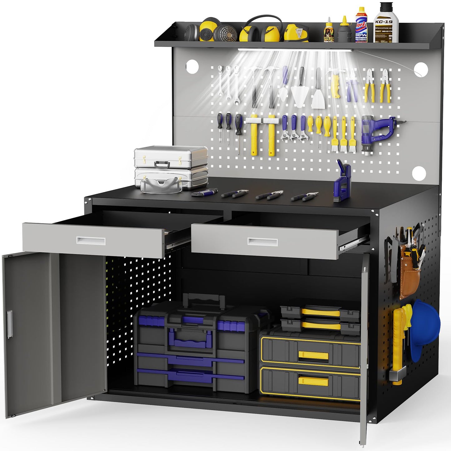 Eltean 48" Work Bench,Heavy Duty 2000 LBS Capacity Workbench with Drawers and Storage,Work Table with Light & Pegboard,Work Benches for Garage