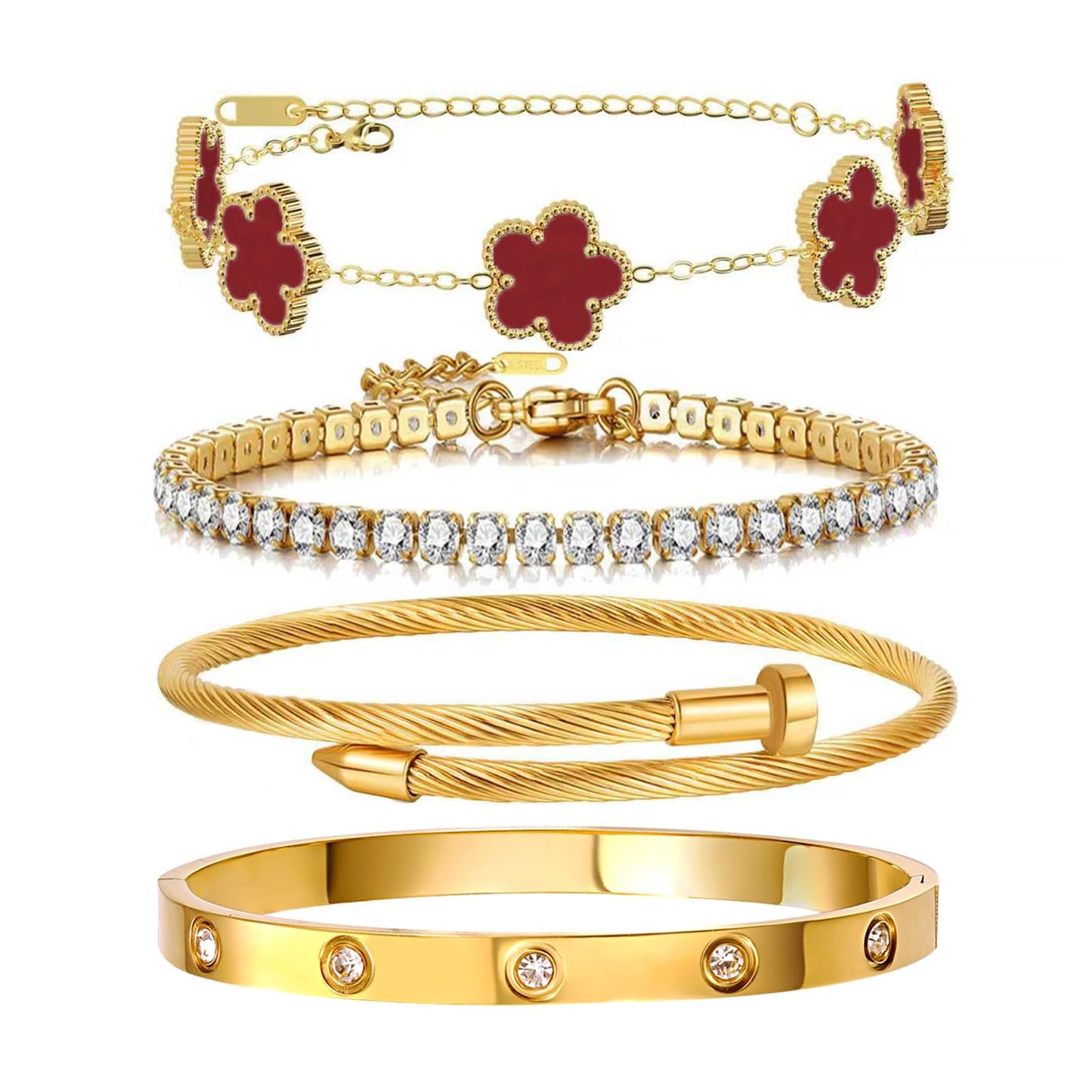 Gold Bracelets for Women, 18K Gold Plated Women Tennis Bracelets Clover Nail Love Bangle Bracelet Set, Gold Bracelet Stackable Set Trendy Jewelry, Gifts for Women's Day and Mother's Day (05-Color-red)