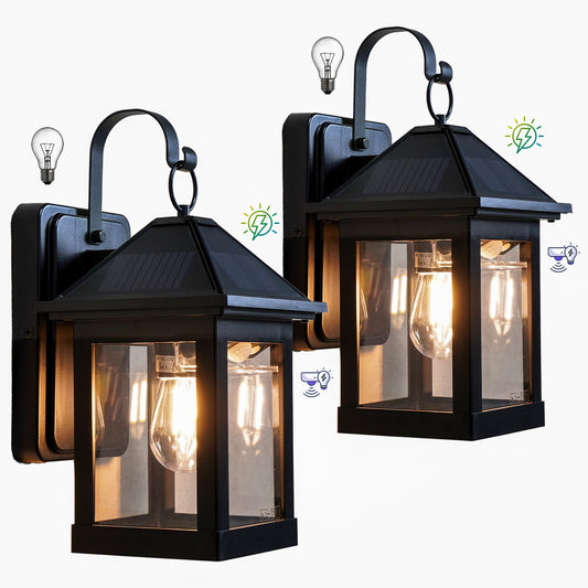 2 Pack Solar Outdoor Wall Lights for Fence Front Door Waterproof Dusk to Dawn Motion Sensor LED Sconce with 3 Modes,3000K E26 Bulb Included,Exterior Porch Lamps Wall Mount Patio Decorative