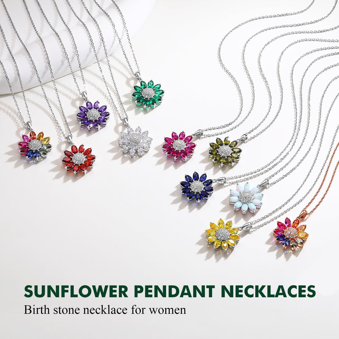 RANDES 925 Sterling Silver Sunflower Necklace Dainty Garnet Red Flower Necklaces for Women January Birthstone Necklace