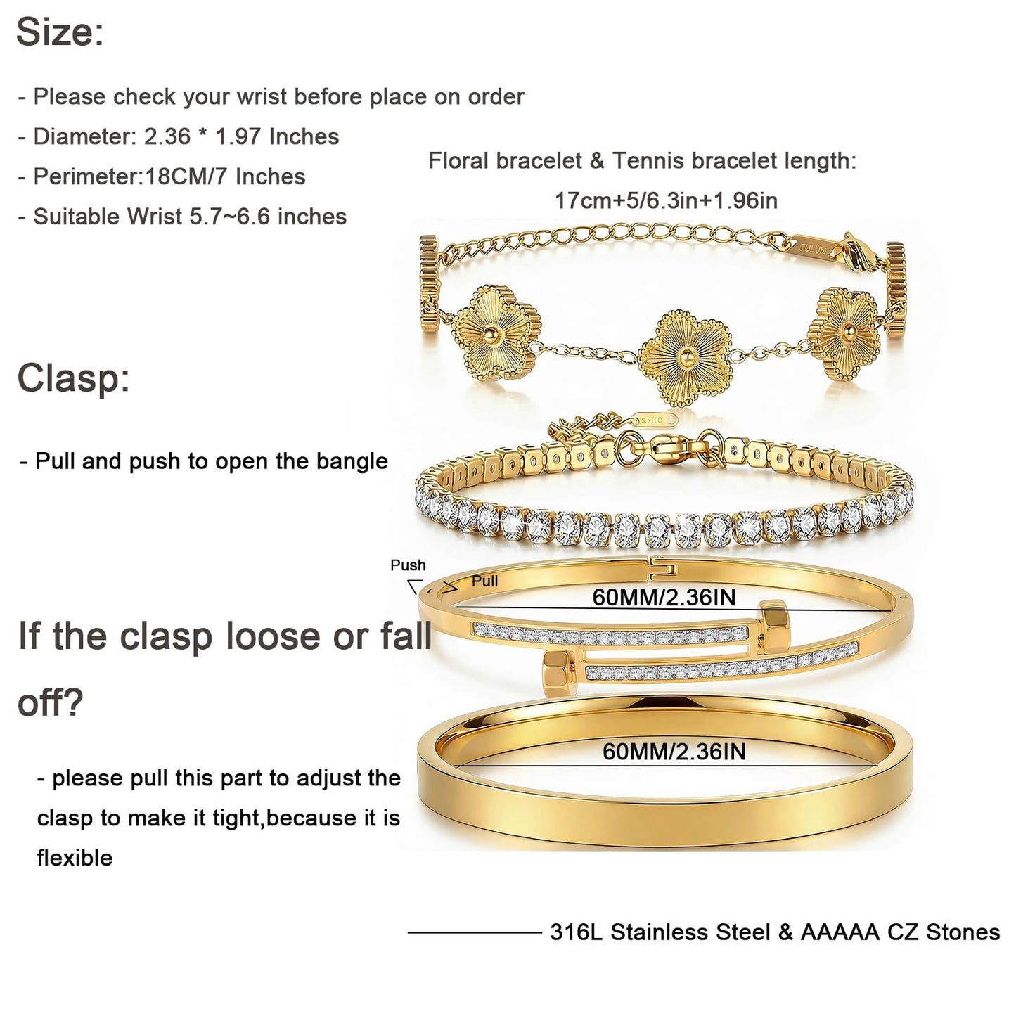 Camhanno Gold Bracelets for Women-4Pcs 18K Gold Plated Love Bangle Tennis Clover Nail Bracelets Stack Set for Women Trendy Non Tarnish Stainless Steel Gold Bangles Accessories Designer Jewelry (Gold Stack Bracelet -2)