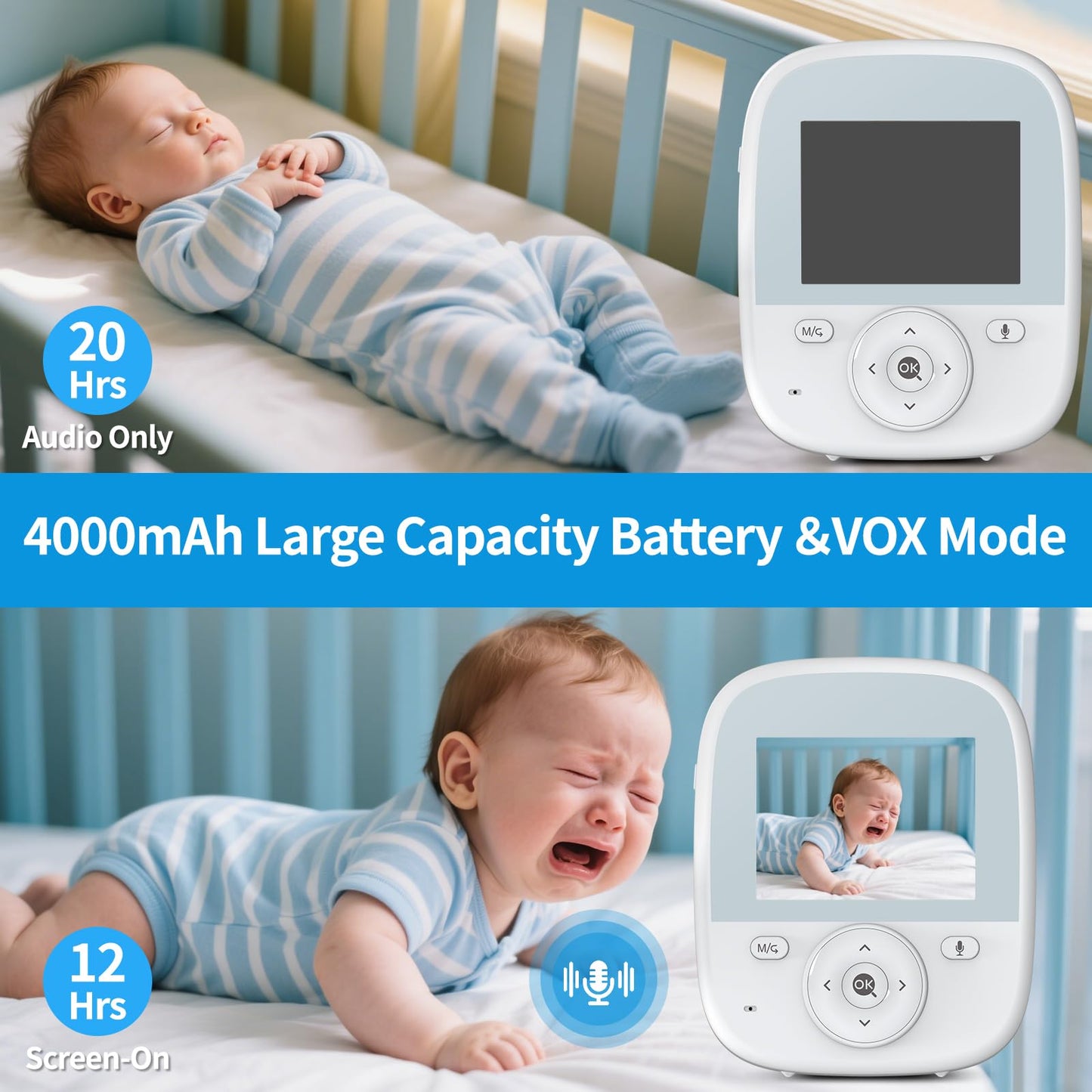 VIZOLINK Baby Monitor with Camera and Audio, 2.8" Video Baby Monitor with Secure Transmission No WiFi, Night Vision, Temperature Sensor, Two-Way Talk, Al Off-Lens Detection, Feeding Reminder