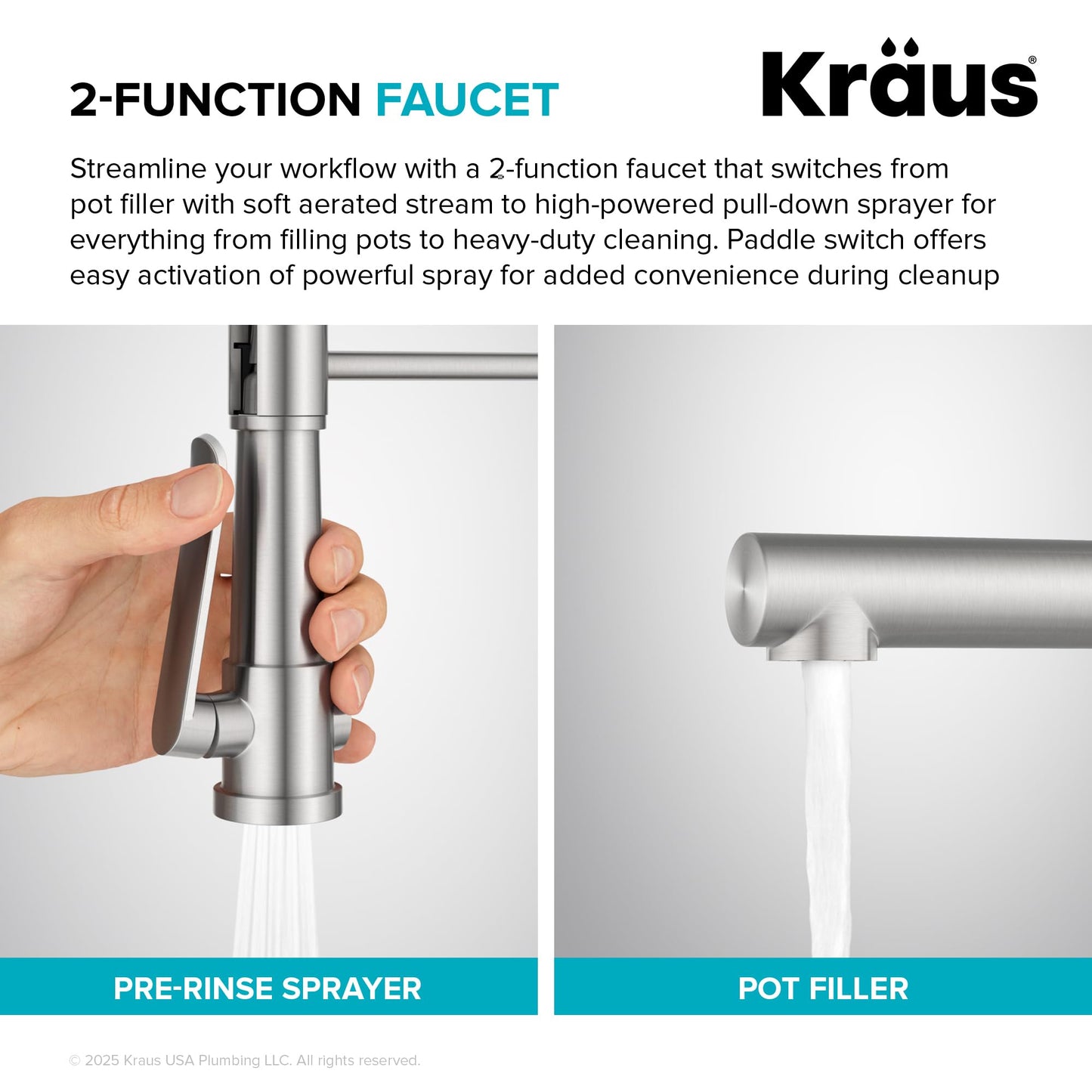 KRAUS Artec Pro Commercial Style 2-Function Single Handle Pull Down Kitchen Faucet with Pot Filler in Matte Black, KPF-1605MB