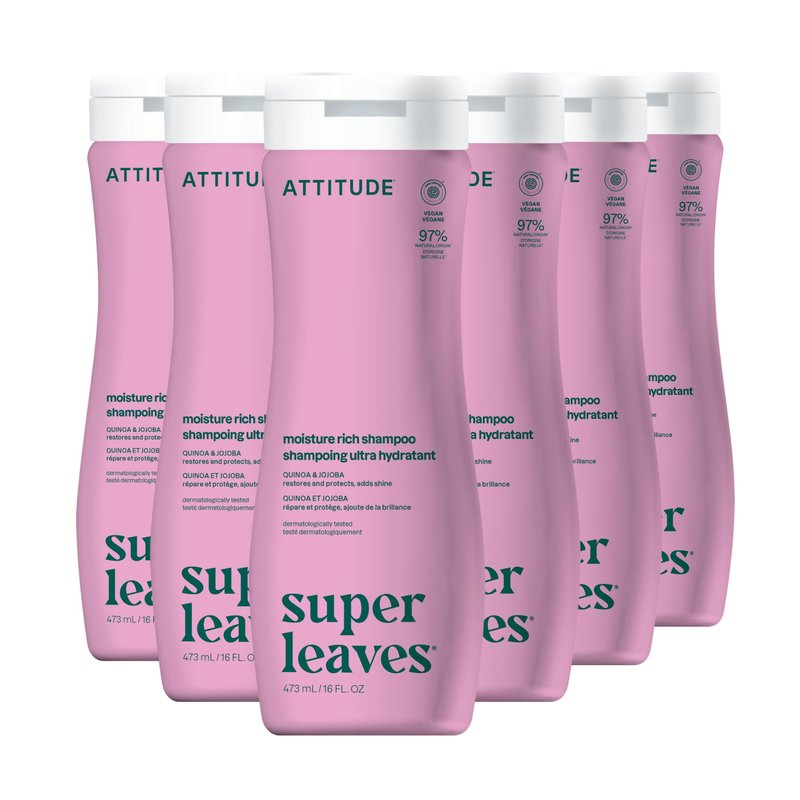 ATTITUDE Moisture Rich Hair Shampoo, EWG Verified, For Dry and Damaged Hair, Naturally Derived Ingredients, Vegan and Plant Based, Quinoa and Jojoba, 16 Fl Oz (Pack of 6)