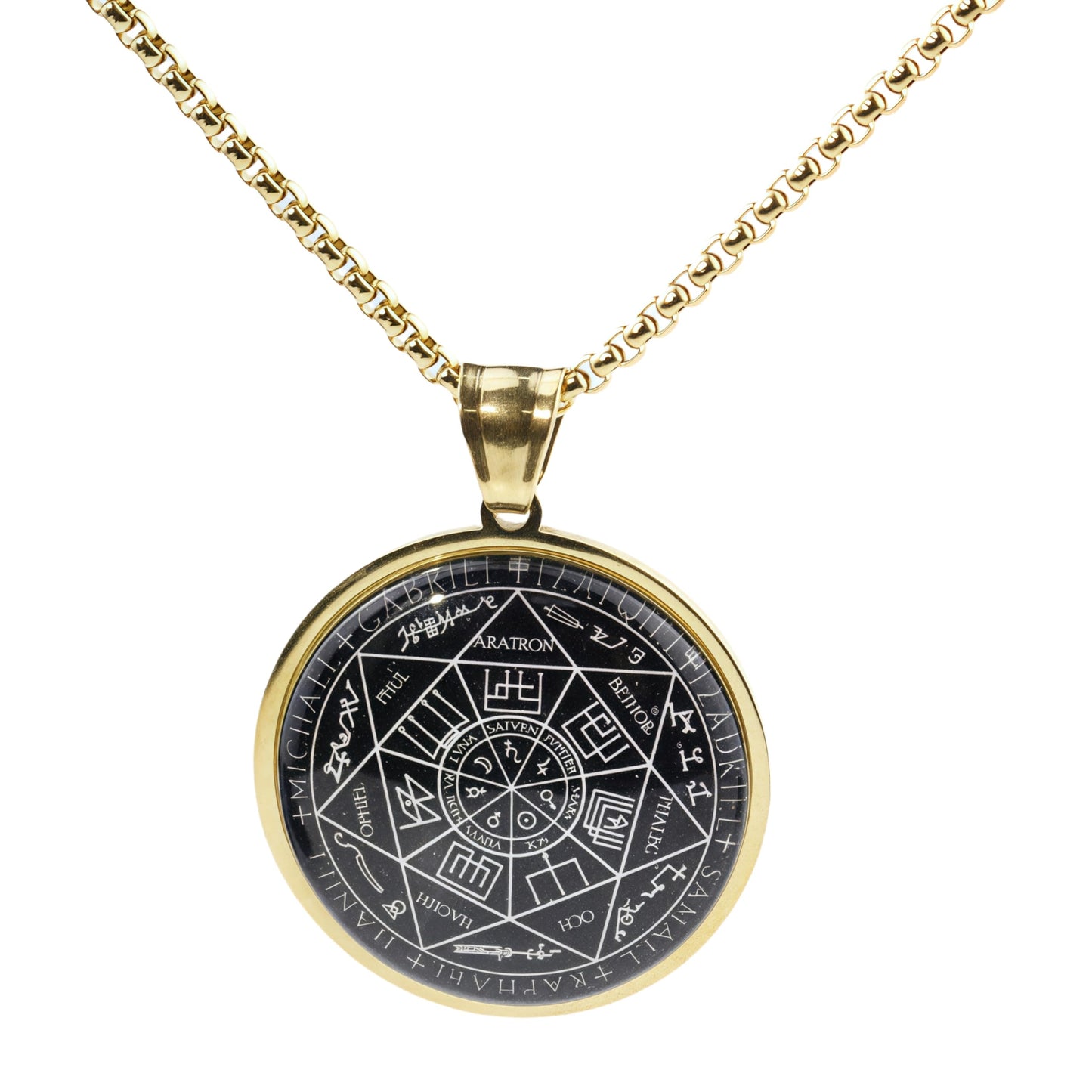 Joddfly Seven Angel Medal Pendant Stainless Steel Glass Solomon Talisman Necklace Guardian Jewelry Men and Women 24 inch Gift Set (golden)