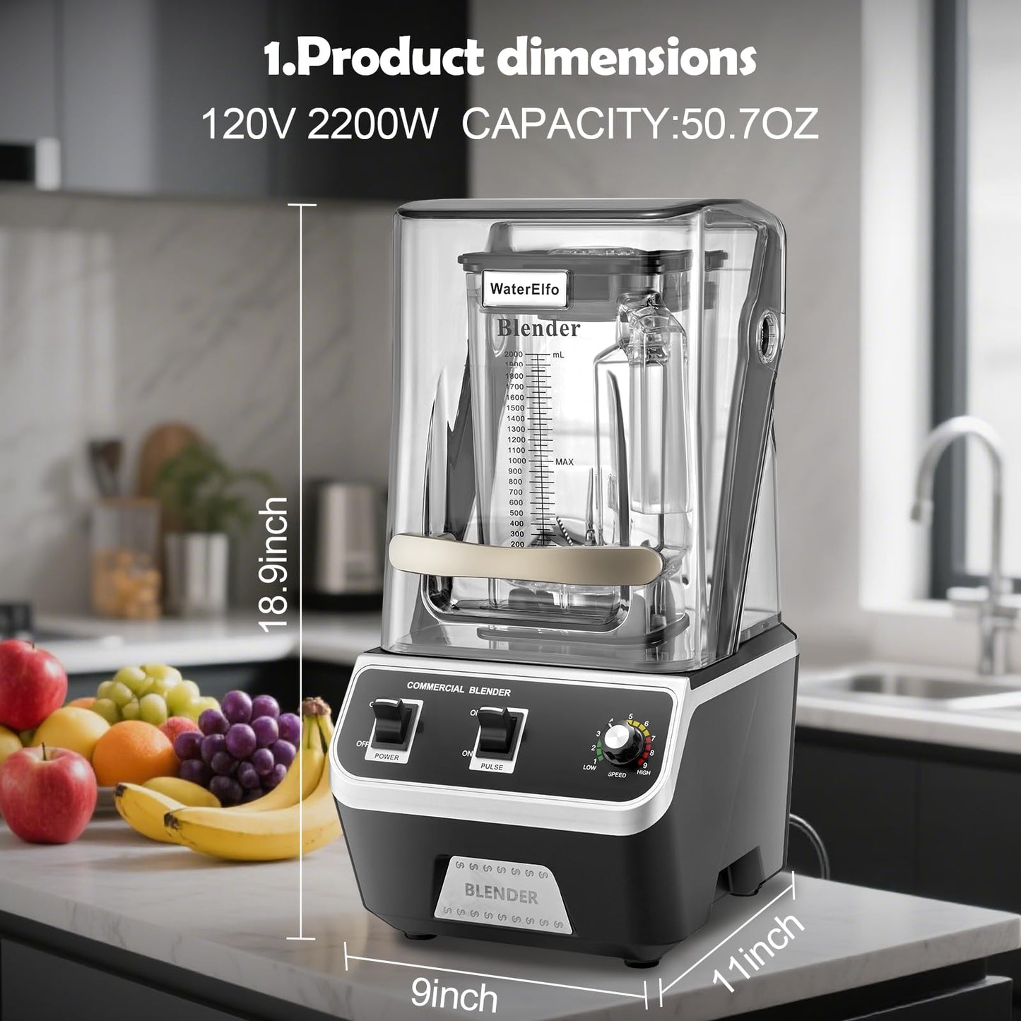 WaterElfo 2200W Commercial Blender for Smoothies - Professional Grade, High Speed Quiet Electric Countertop Blenders with Sound Enclosure, 68oz for Kitchen & Home Use