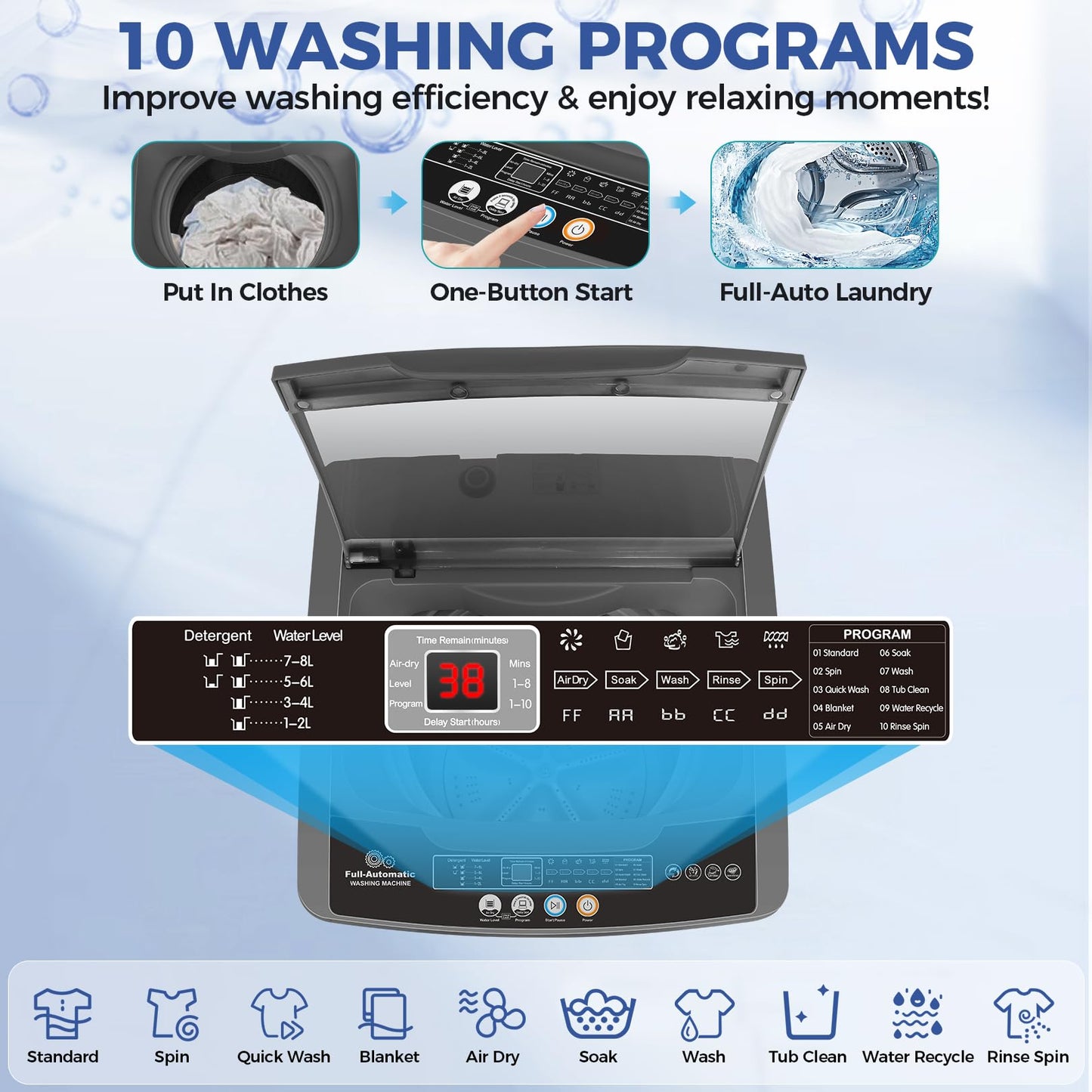Nictemaw Portable Washing Machine, 20Lbs Capacity Full-Automatic Portable Washer Machine, 2.8Cu.ft Washer and Dryer Combo with 10 Programs 8 Water Levels Compact Laundry Machine for Apartments