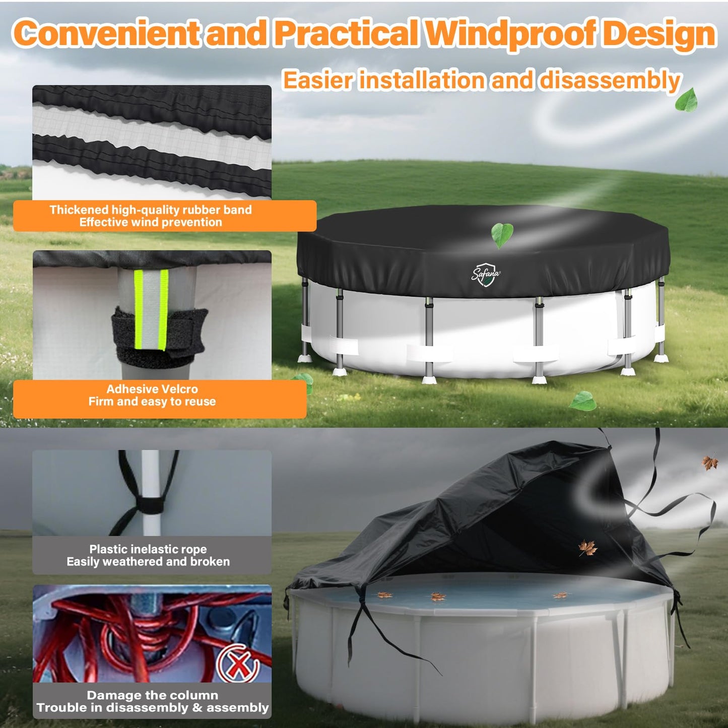 SAFANA 15FT Round Pool Covers for Above Ground Pools, Upgrade 420D Durable 15 foot Swimming Pool Cover Protective Leaf Cover with Reflective Strip Superior Windproof Tear Resistant UV Resistance Black