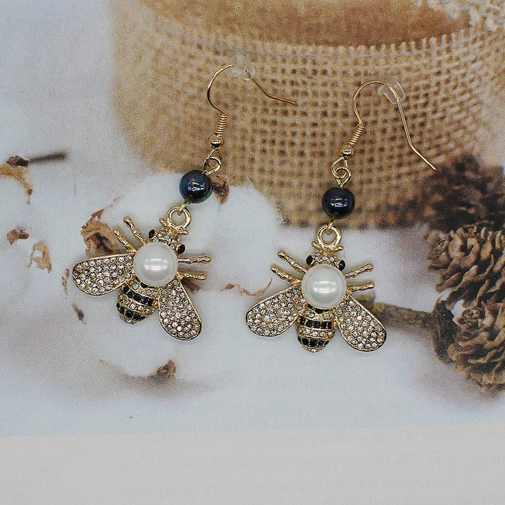 Honey Bee Drop Earrings Crystal Insect Themed Dangle Earring Animal Fashion Shell Pearl Hook Earring Gold Tone for Women Jewelry (white pearl +black pearl hook)