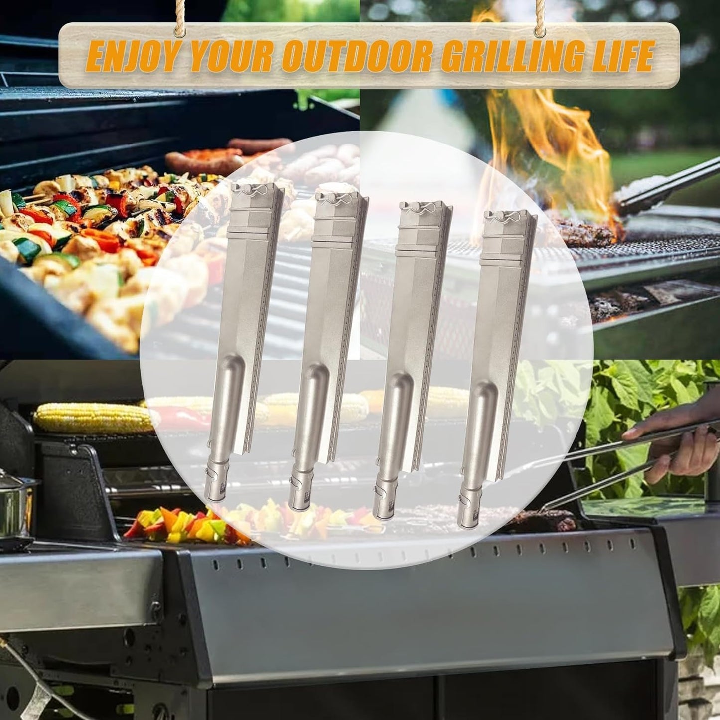 4-Set Heavy Duty Cast Stainless Steel Grill Burners for Bull, Grill Replacement Parts for Bull, Blaze, Cal Flame, Lion, Grilljob, Aussie, Char Broil, Turbo, Thermos, Beefeater, Jenn Air, Nexgrill, etc