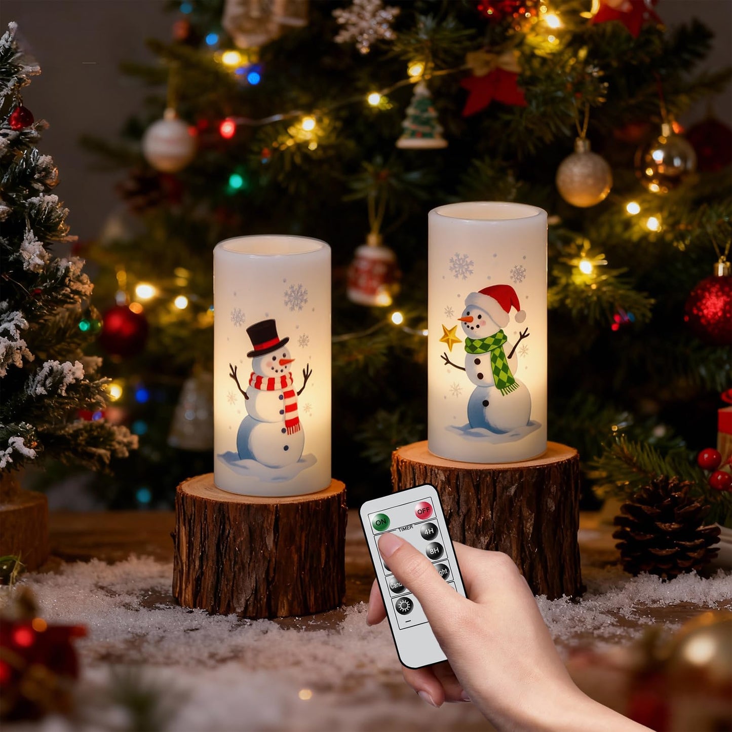 Eldnacele Christmas Snowman Flameless Candles Battery Operated with Remote and Timer Real Wax Flickering LED Pillar Candles Xmas Holiday Indoor Decor(2 Pack, 3" D x 6"" H)"
