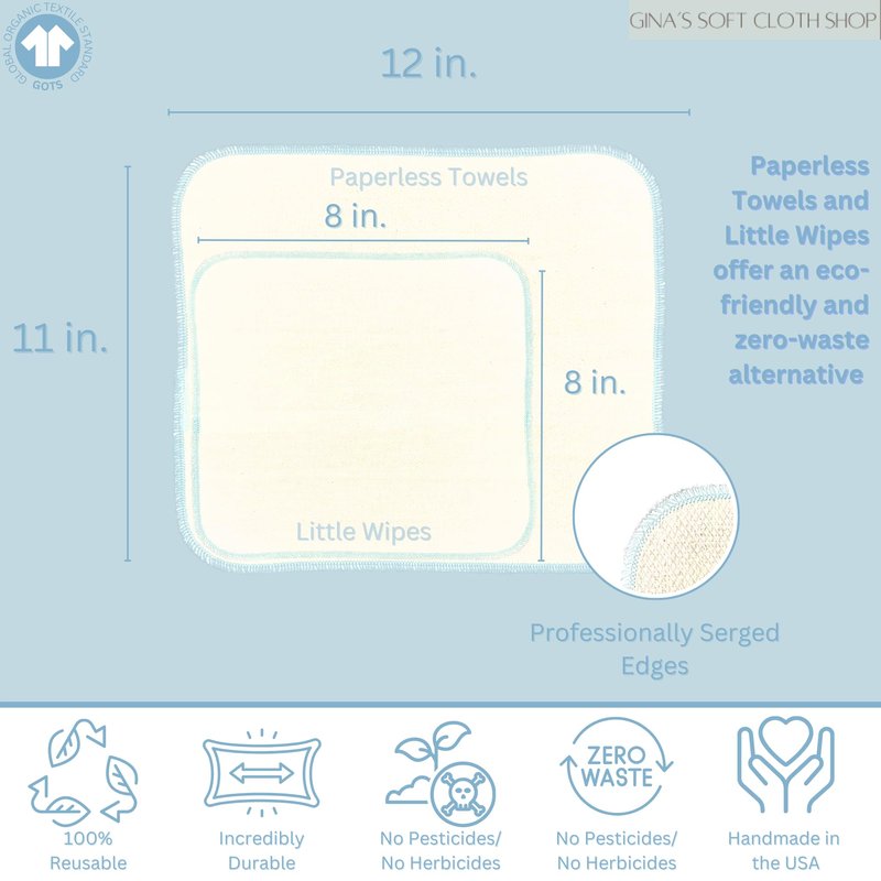Gina's Soft Cloth Shop 1 Ply Organic Birdseye Washable Baby Wipes 8x8 Inches Set of 20 Rainbow Assortment- Proudly Made in The USA!