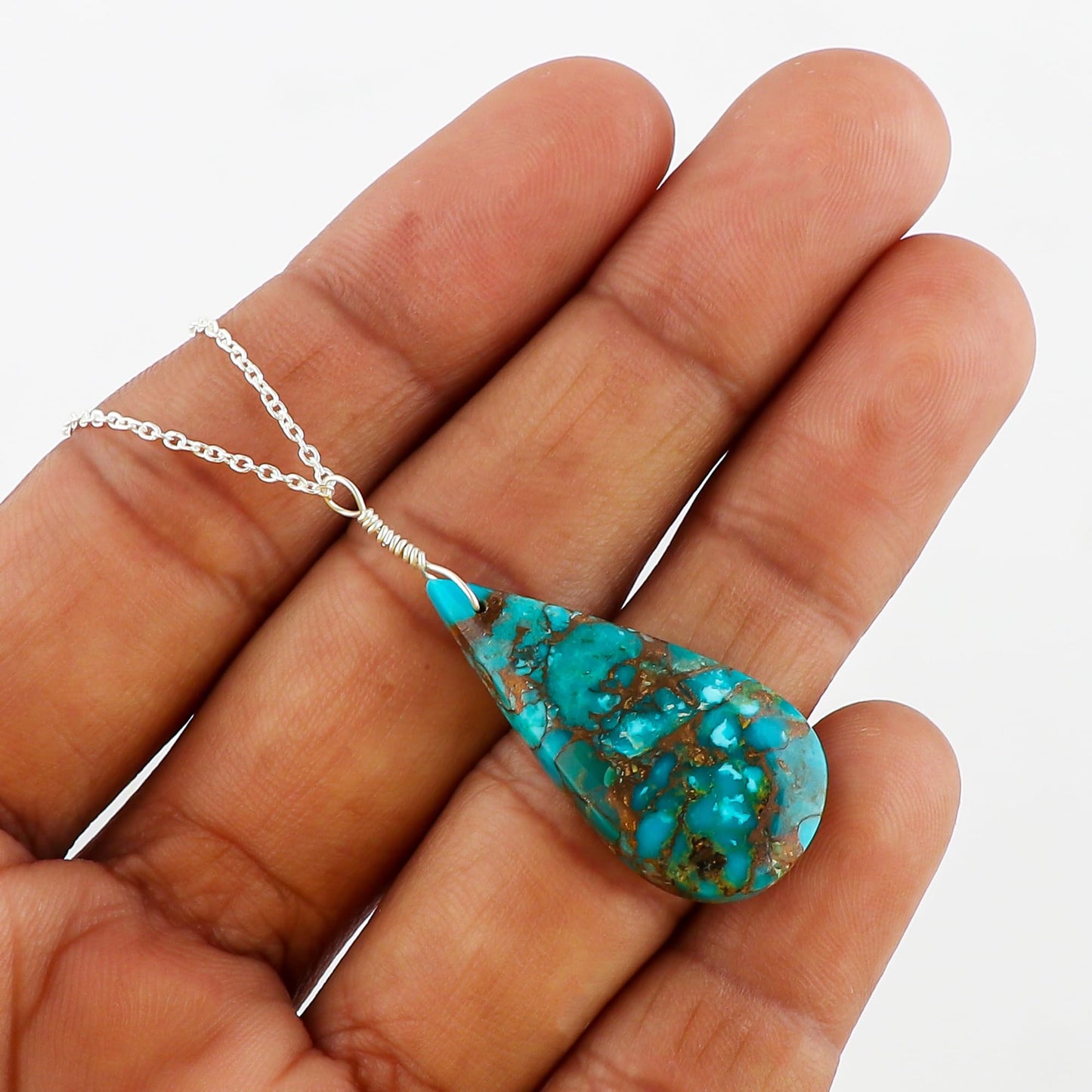 Yashee Natural Turquoise Pear Shape Crystals Pendant Necklace, Chakra Energy Healing Gemstone, Real Crystal, Top Grade, Beautiful Women Simple Jewelry, Dainty Silver Plated Jewelry 18 inch
