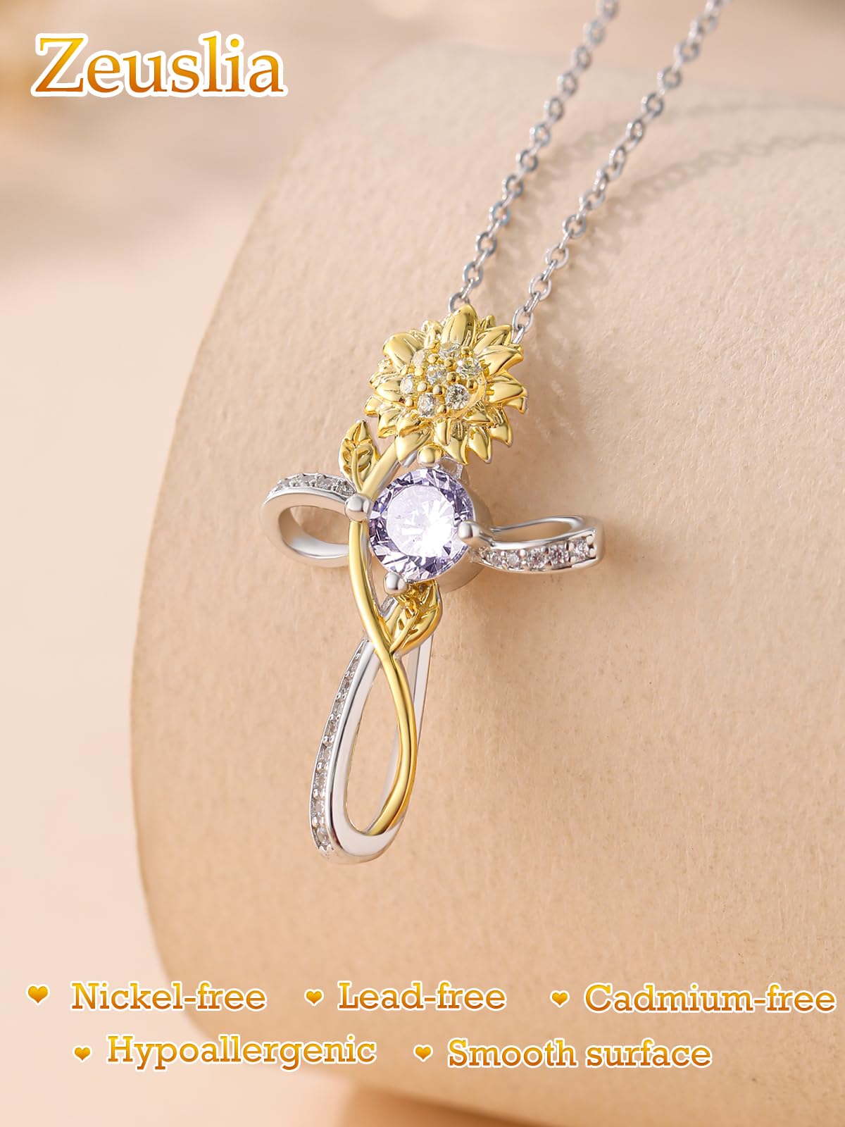 Cross Necklace for Women Sterling Silver Cross Pendant Jewelry with Sunflower Alexandrite June Birthstone Necklace Christian Religious Baptism First Communion Confirmation Birthday Gifts for Women