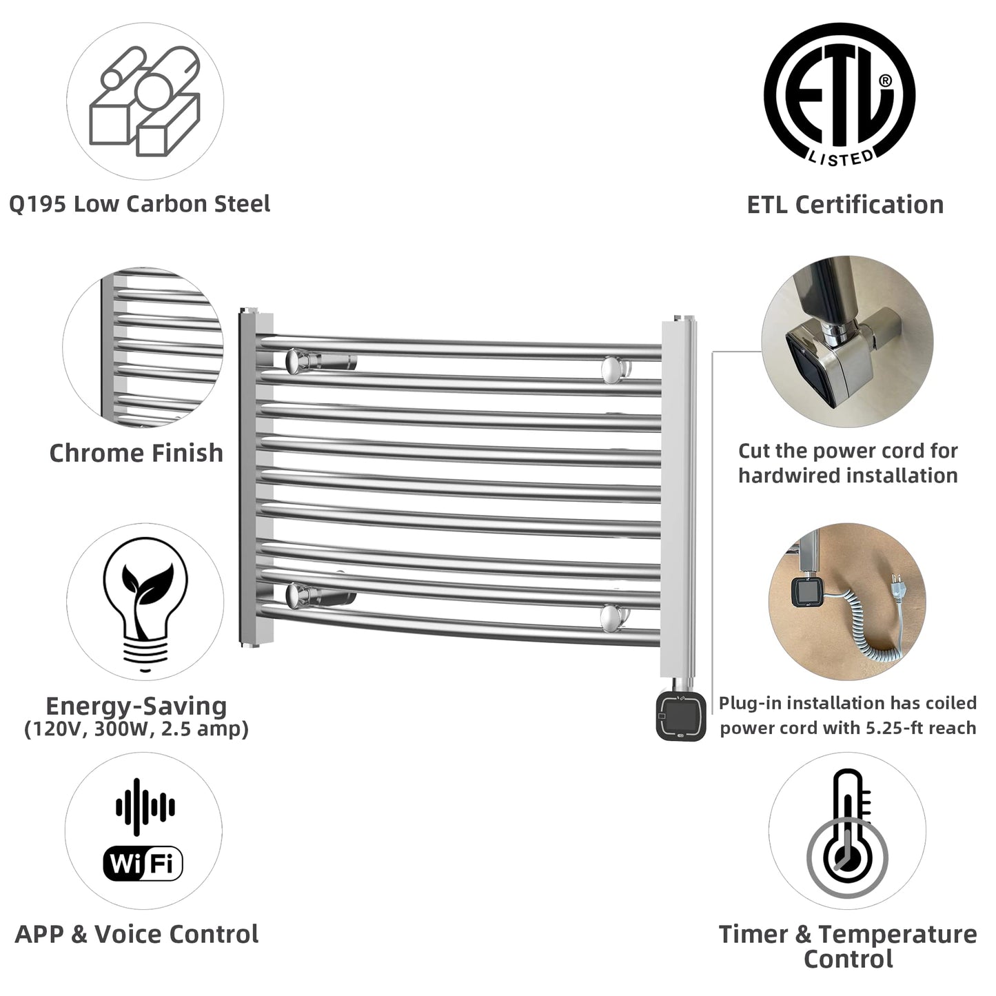 HEATGENE Smart Towel Warmer with Timer and Temperature Control, Smart Liquid Filled Towel Rails, Plug-in/Hardwired Wall-Mounted Towel Heater Rack Compatible with Alexa and Google Home, Chrome