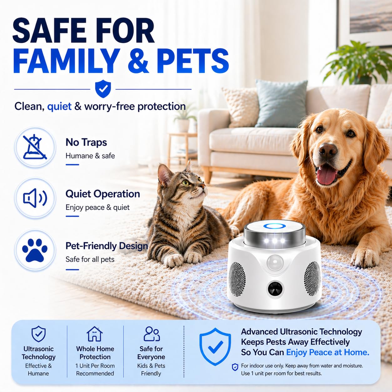 Ultrasonic Repeller Pest Control Indoor Device,Electronic Mouse Repellent Indoor & Rodent Repeller for Mice Rats Roaches Spiders,Ultrasonic Rodent Control for Home Attic Kitchen Garage Basement-White