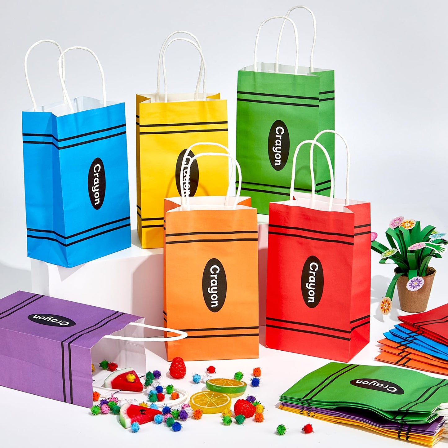 24Pcs Welcome Back to School Crayon Gift Bags for Teacher First Day of School Candy Boxes with Handle Crayon Shaped Goodie Bag for Kindergarten Graduation Birthday Baby Shower Party Supplies