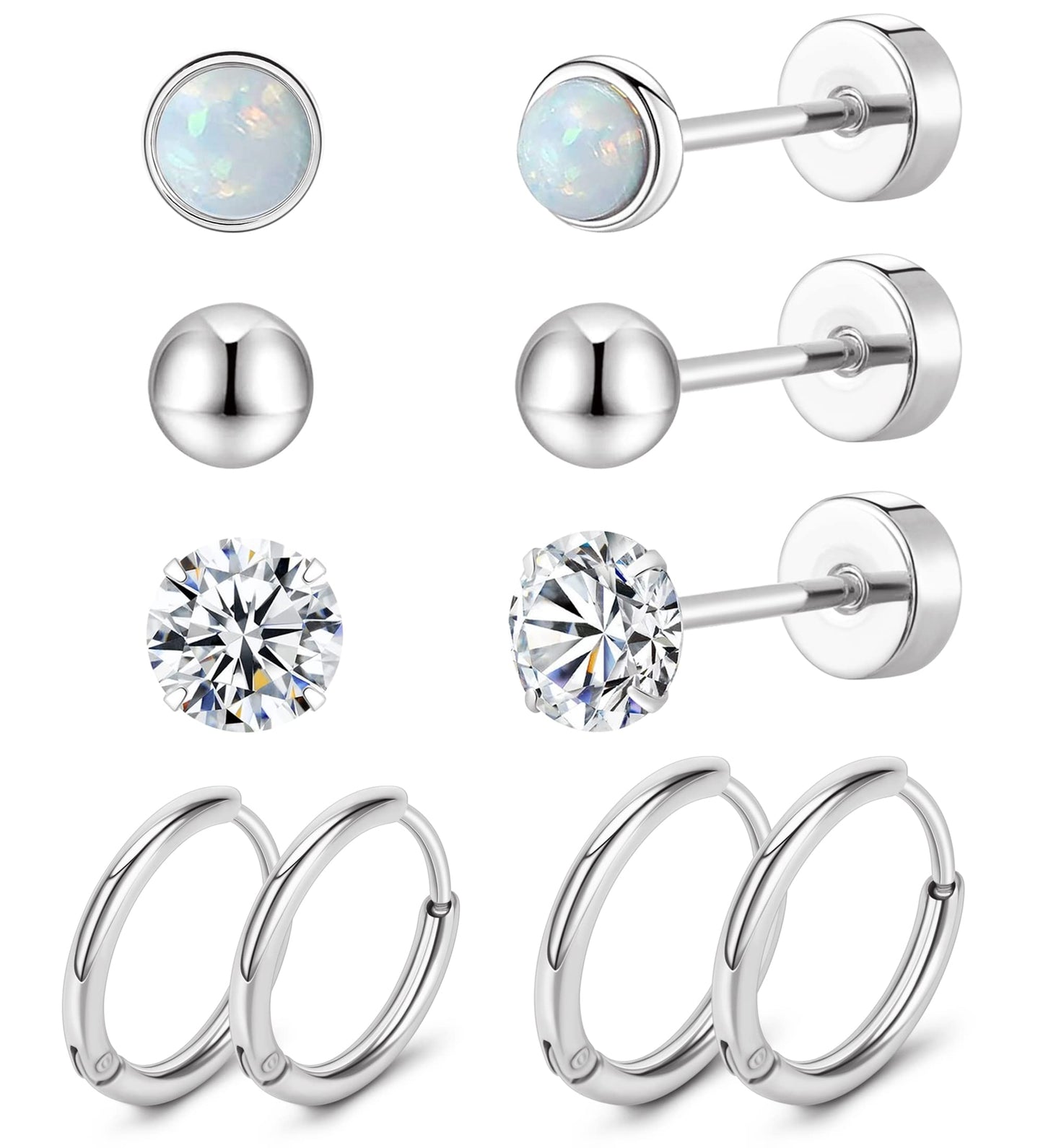 MJust Titanium Earrings for Sensitive Ears 20G Hypoallergenic Stud Hoop Earrings for Women Men Opal Ball CZ Heart Pearl Flat Back Earrings Cartilage Earrings Set