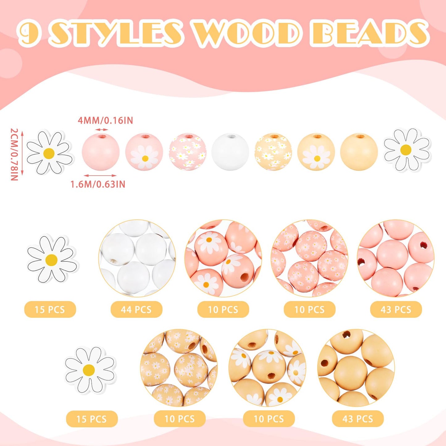 Buryeah 200 Pcs Daisy Flower Wooden Beads Set 16mm Daisy Round Beads 20mm Rustic Farmhouse Colorful Floral Printed Charms for Spring Summer DIY Crafts Jewelry Garland Keychain Making