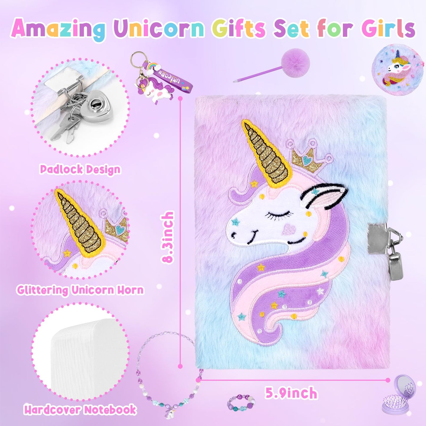 Unicorns Gifts for Girls Age 5 6 7 8 9 10 Years Old, Kids Unicorn Toy with Light Up Plush Star Pillow, Diary, Headband, Eye Mask, Water Bottle, Teen Soft Plush Toys Set for Birthday Gift Christmas
