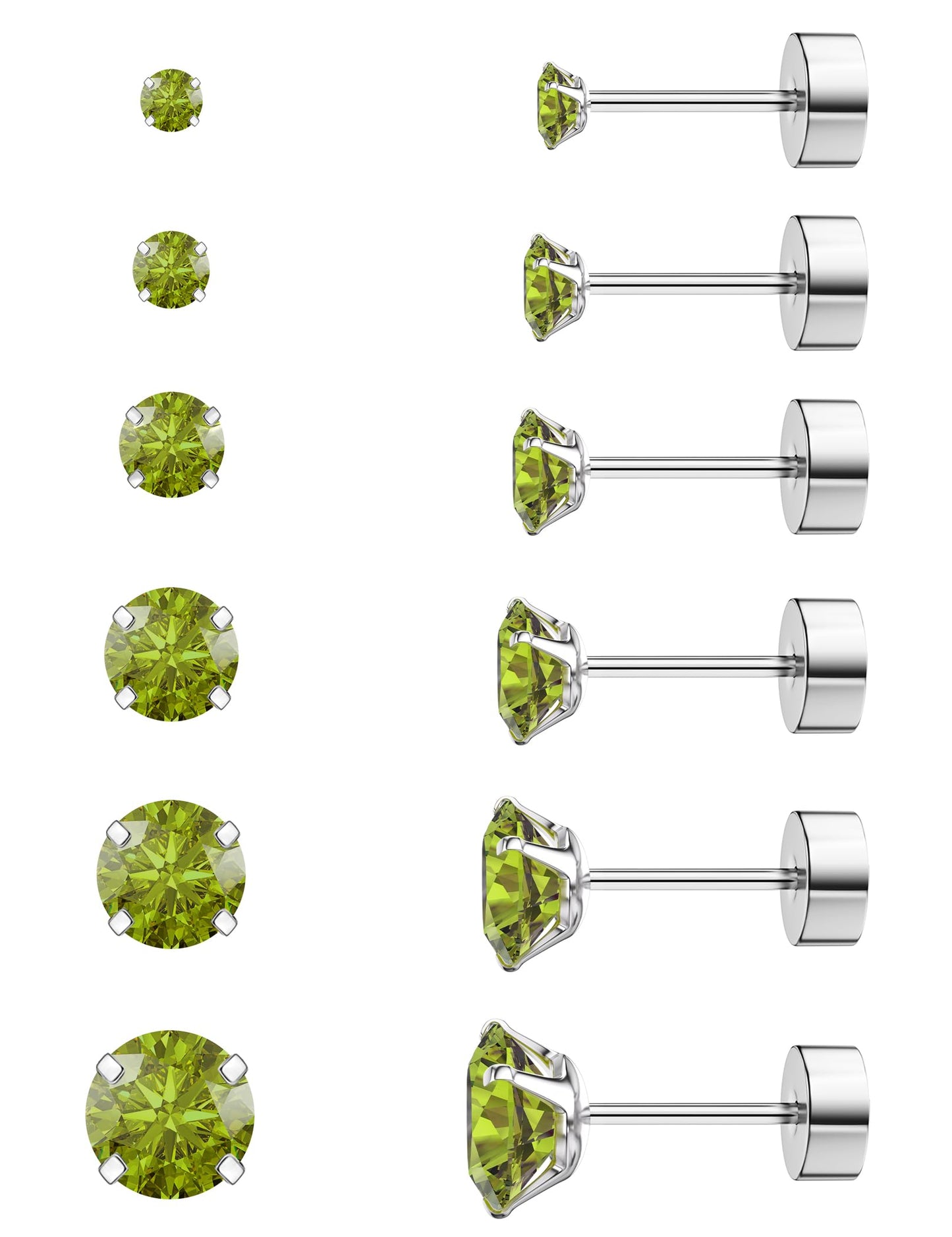 6 Pairs Hypoallergenic Cubic Zirconia Earrings Surgical Steel Flat Back Studs for Cartilage, Screw Back Fashion Jewelry