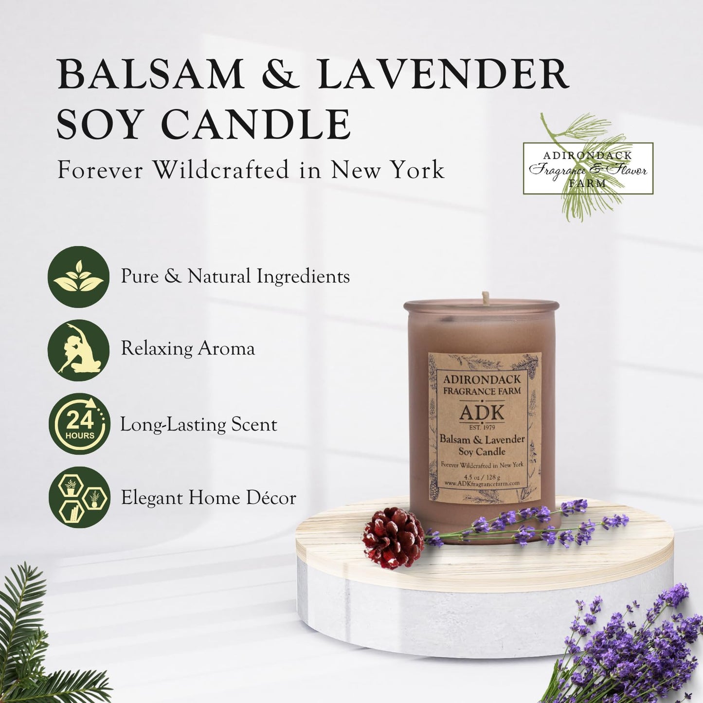 ADK Balsam & Lavender Scented Candle, 4.5 Oz Aromatherapy Candle, Proudly Poured in The USA, Natural Wax for Relaxation and Home Décor, for Gift, Kitchen, and Living Spaces