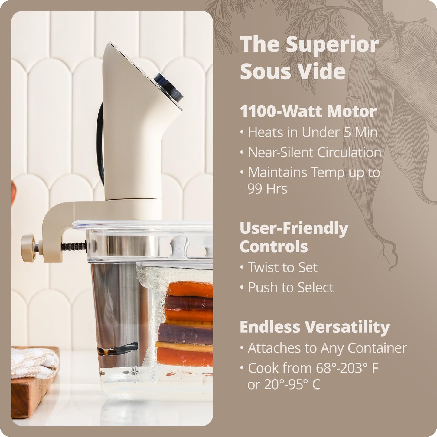 Greater Goods Kitchen Sous Vide Machine - Precision Cooker, Immersion Circulator, Brushless Motor, 1100 Watts (Birch)