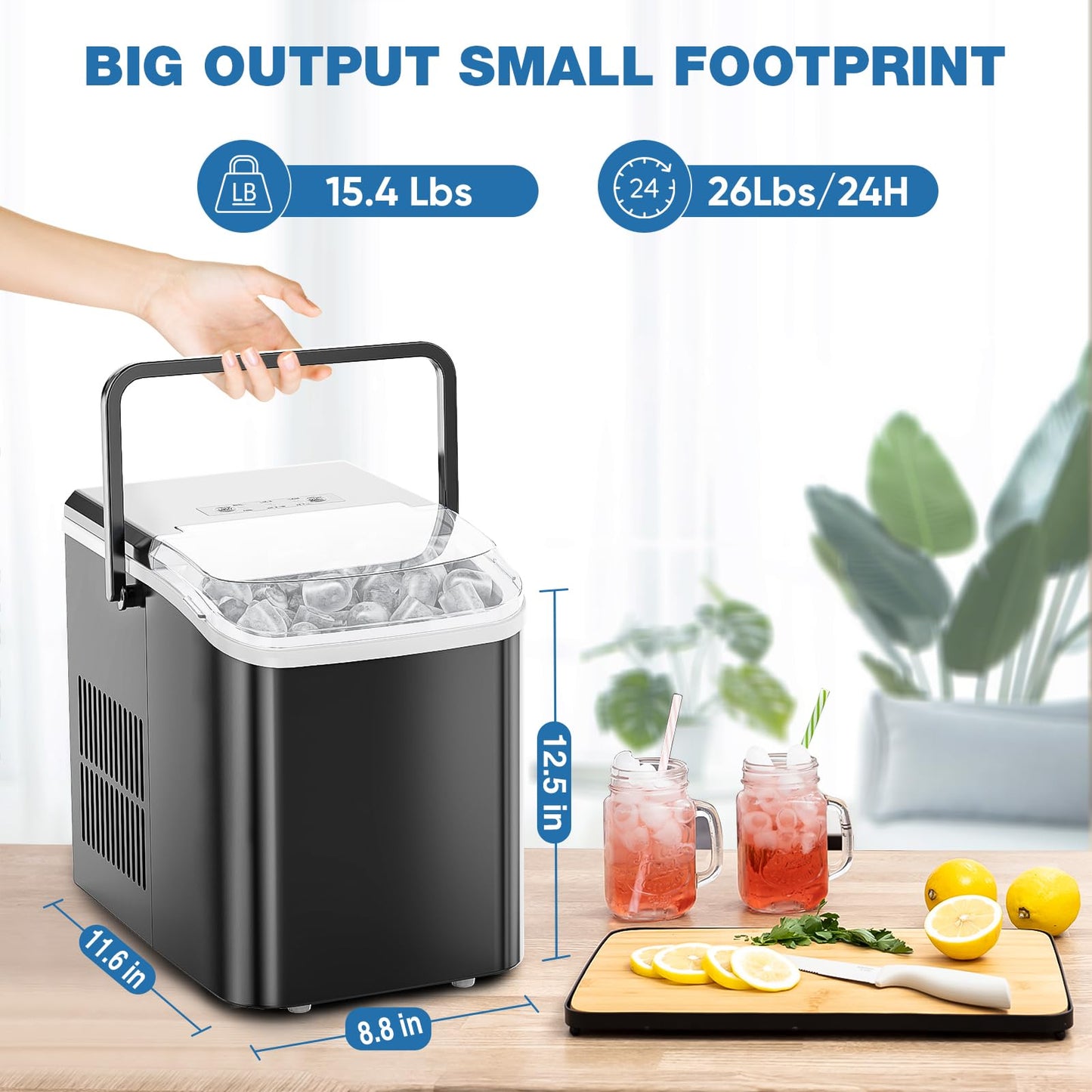 Sweetcrispy Portable Ice Maker Countertop with Ice Scoop, Basket and Handle, 9 Ice Cubes in 6 Minutes, 26.5lbs/24Hrs, Self-Cleaning with 2 Sizes of Bullet Ice for Kitchen, Office, Bar, Ink Black
