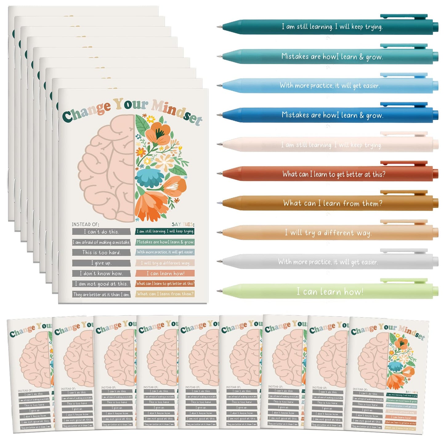 Janlaugh 60 Pcs Mental Health Awareness Gifts Bulk Motivational Notebook Journals and Positive Affirmation Pen Mental Health Items for Coworker Nurse Week Teacher Student End of Year Gifts (Mindset)