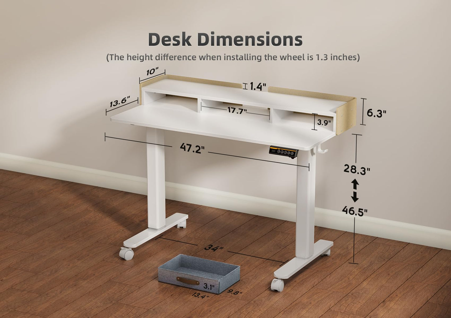YDN Electric Standing Desk, Adjustable Height Stand up Desk, Sit Stand Home Office Desk with Splice Board, 48x24 Inches, White Top with Shelf