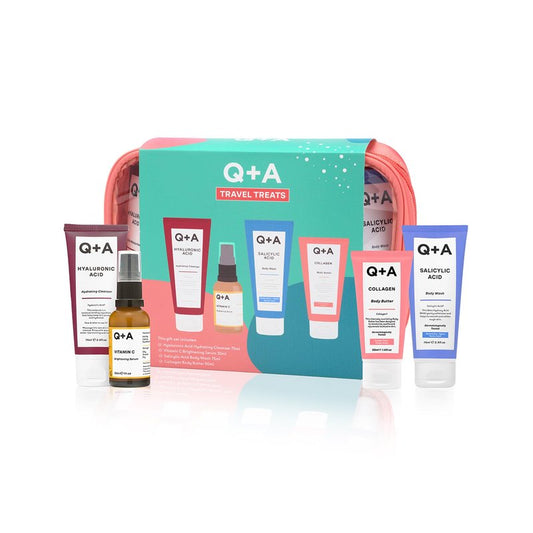 Q+A Travel Treats Gift Set, 4-Piece Skincare & Bodycare Minis with Travel Bag, Hydrating Fcaial Cleanser (75ml), Vitamin C Serum (30ml), Salicylic Acid Body Wash (75ml) & Collagen Body Butter (50ml)