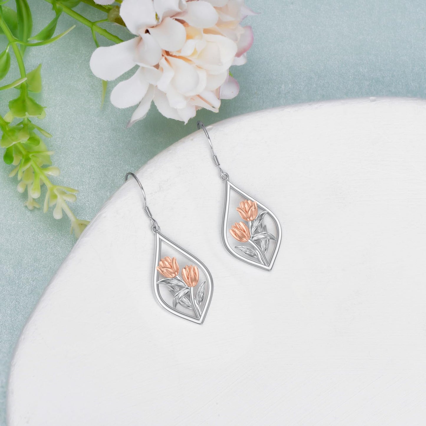 Tulip Earrings Sterling Silver Tulip Flower Floral Dangle Dangling Drop Charm Earrings Tulip Jewelry Gifts for Women