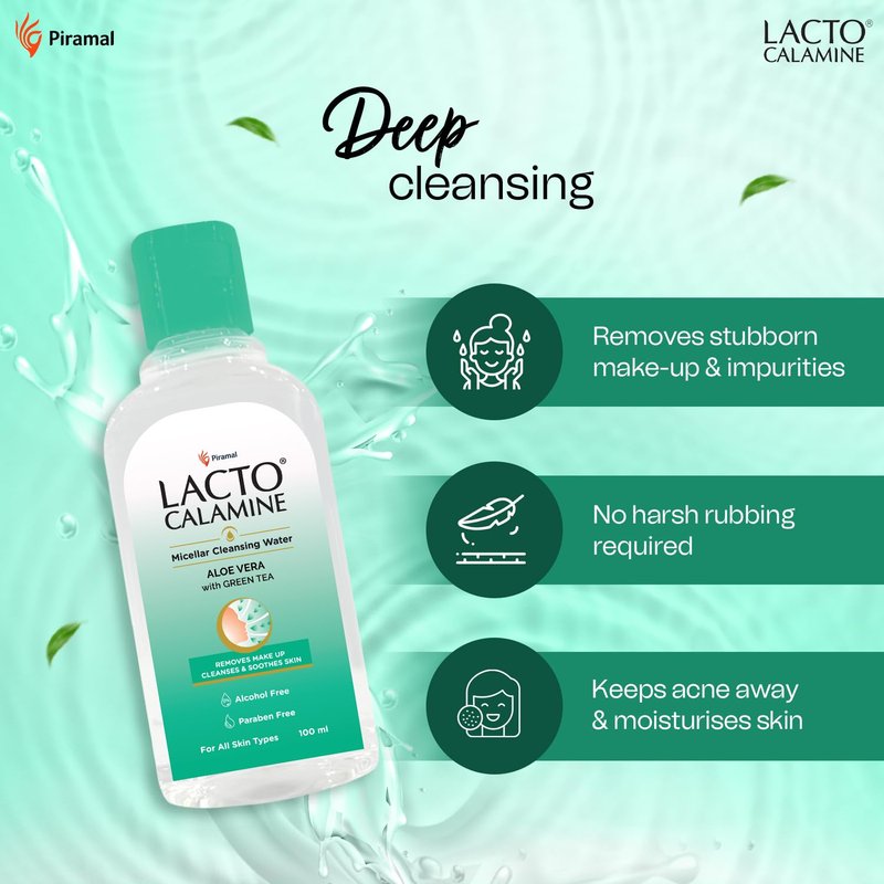 Lacto Calamine Micellar Water Makeup Remover with Aloe Vera, Green Tea and Niacinamide – 3.38 fl oz (100 ml)