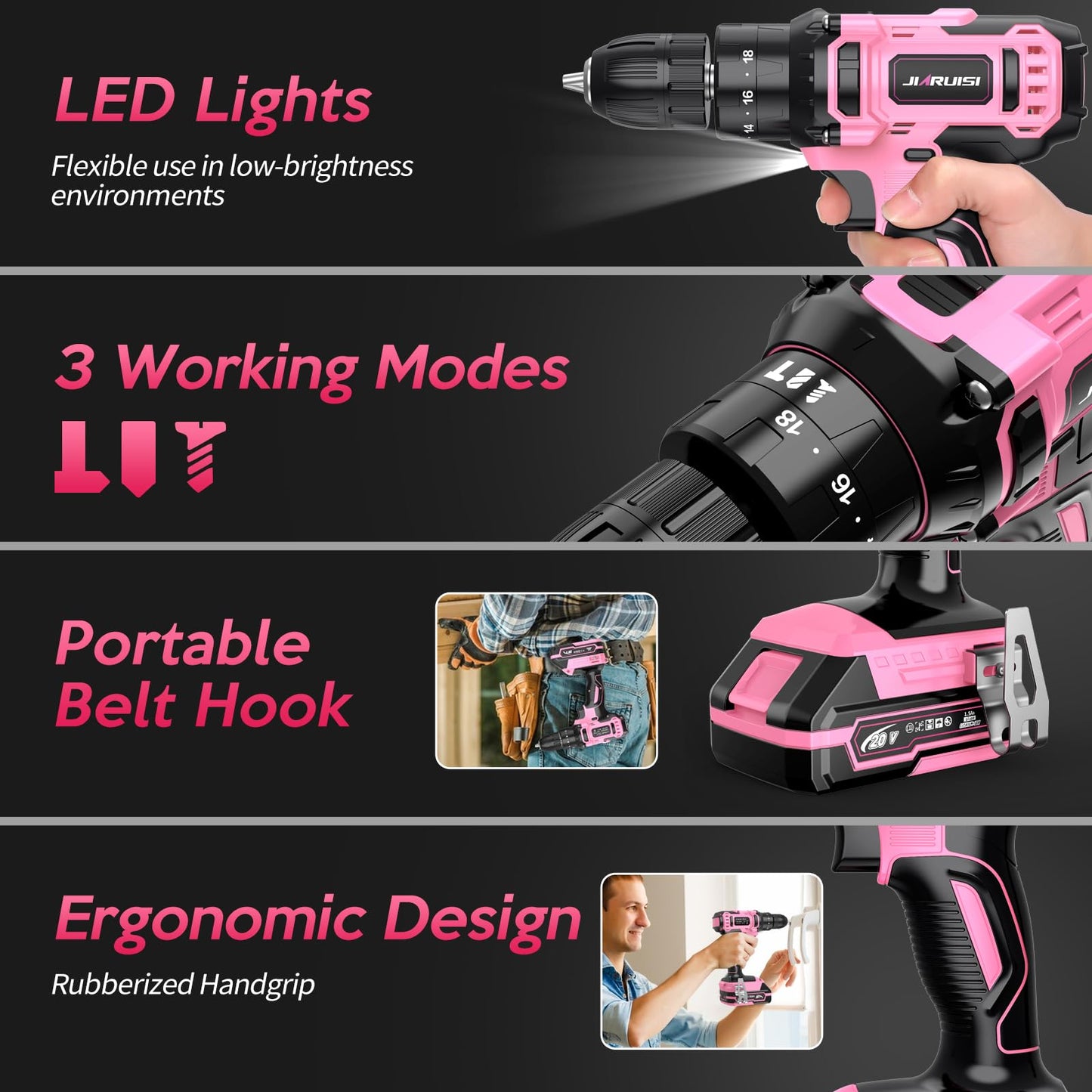 20V Cordless Drill, Electric Power Drill Set with Battery Charger and Carrying Case, 3/8” Keyless Chuck, 2 Variable Speed, 18+3 Torque, 72pcs Driver Bits and Belt Hook, Pink