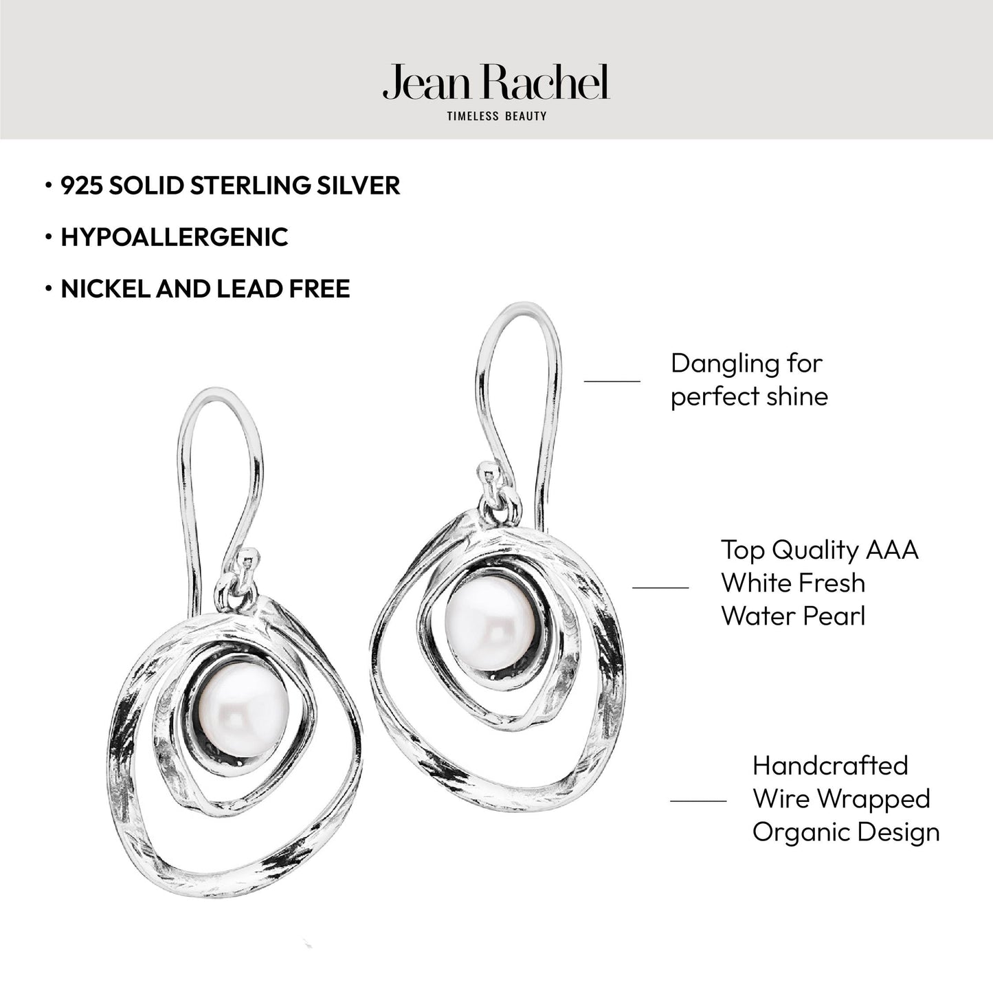 Jean Rachel Jewelry 925 Sterling Silver Dangle Earrings for Women with Freshwater Pearl - Free Form Vintage Design - Hypoallergenic, Lead & Nickel Free - Artisan Handcrafted Statement Earrings - White