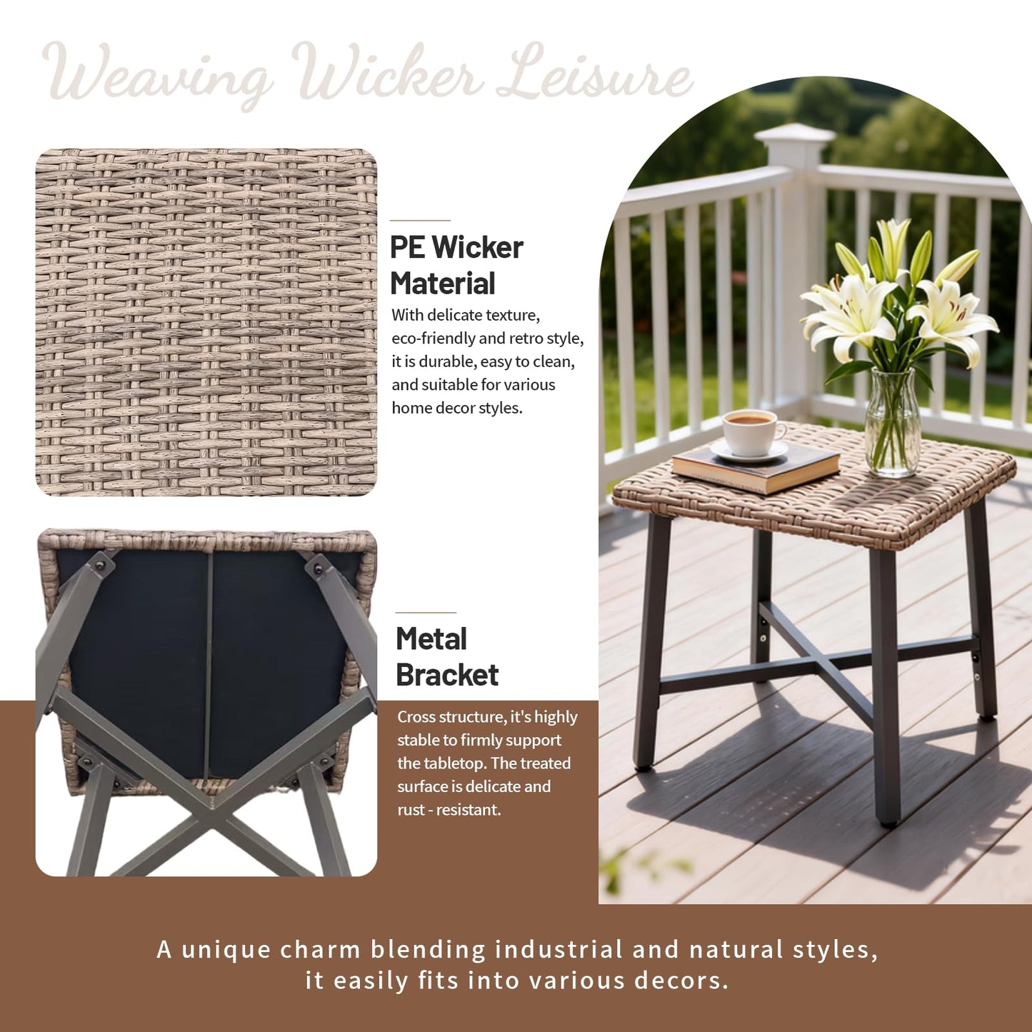 MOLIBYME Outdoor Wicker Side Table,Small Square End Table, Patio PE Rattan Side Table Adopt Sturdy Galvanized Steel Frame for Balcony Porch Deck (Brown)
