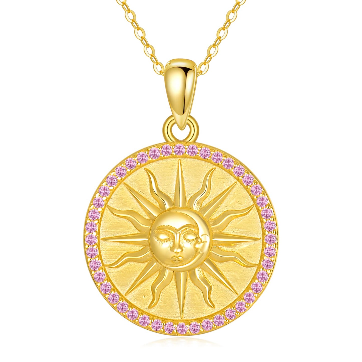 KQF Birthstone Sun Necklace for Women 925 Sterling Silver Sun and Moon Gold Plated Coin Pendant October Jewelry Gift