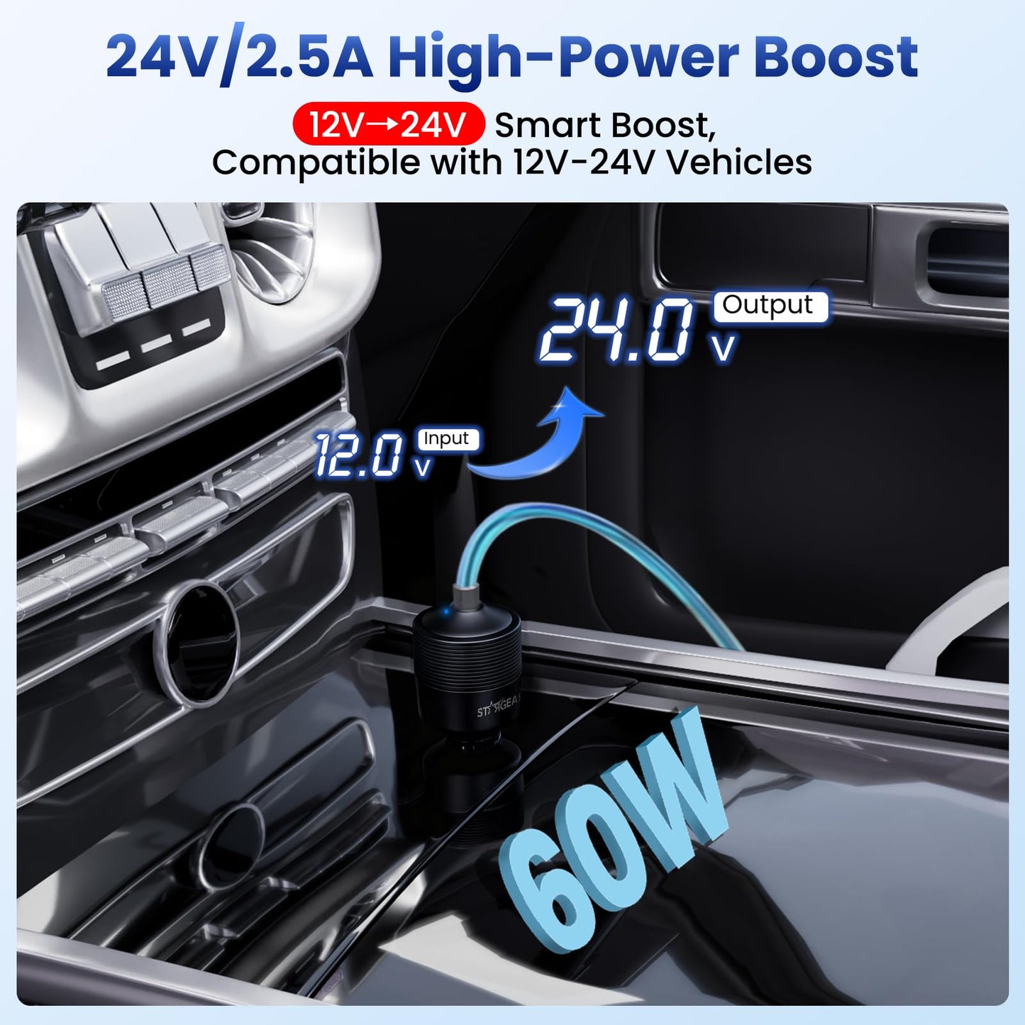 STARGEAR Starlink Mini Car Adapter 12V to 24V DC Step Up Converter with 60W Car Cigarette Lighter Adapter, Starlink Mini 12V Adapters Supports 16 AWG Official 30M, Ideal for RV, Boat, Trailer（Black）