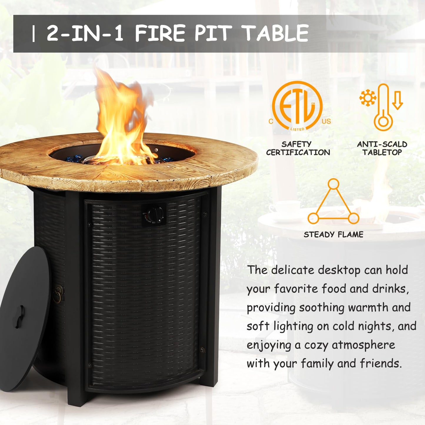 lovamsal 30 Inch Round Propane Fire Pit,50,000 BTU Iron Gas Firepit with Ignition Systems,w/Lid,Glass Stones,Outdoor Fire Table for Outside Patio,Deck-Black