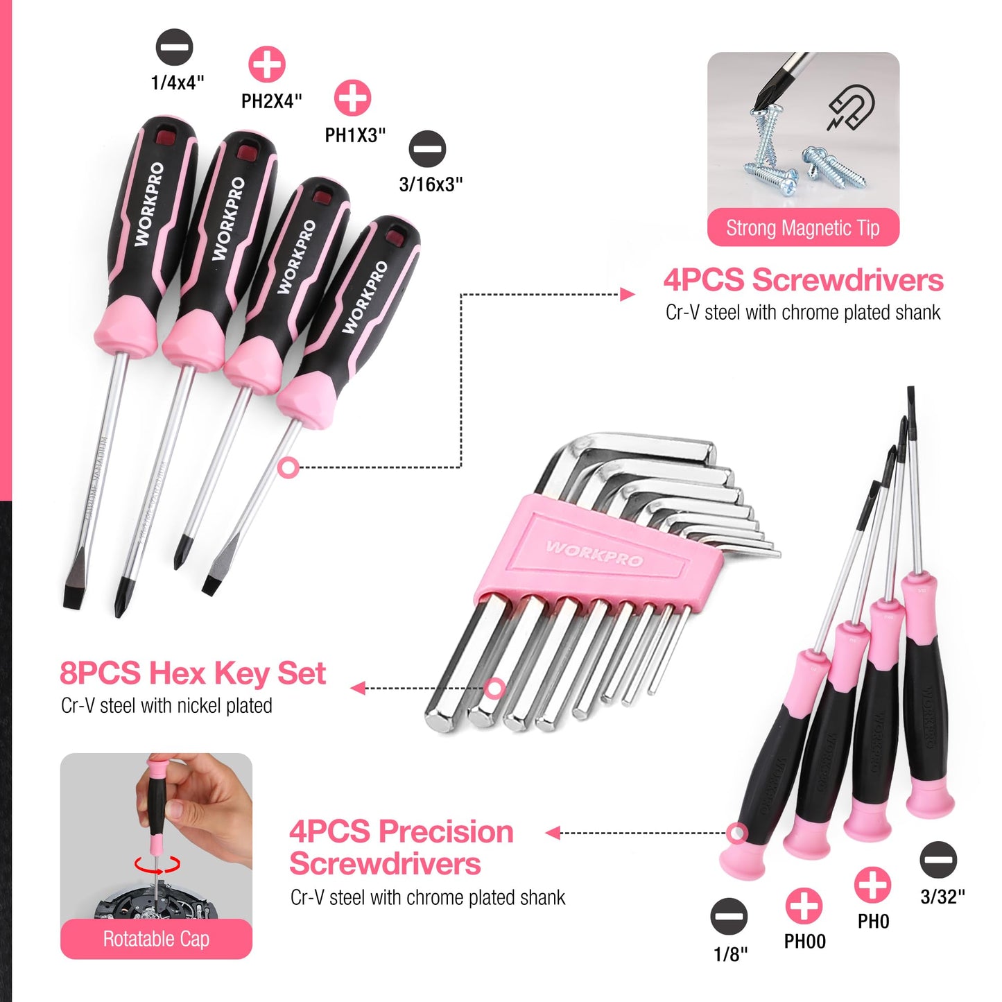 WORKPRO Pink Tool Set, 277 PCS Home Repairing Tool Kit, Pink Tool Bag with 13-Inch Wide Mouth Open Storage Bag, Portable Home Tool Kit Including Hammer, Screwdriver, and Household Tools - Pink Ribbon