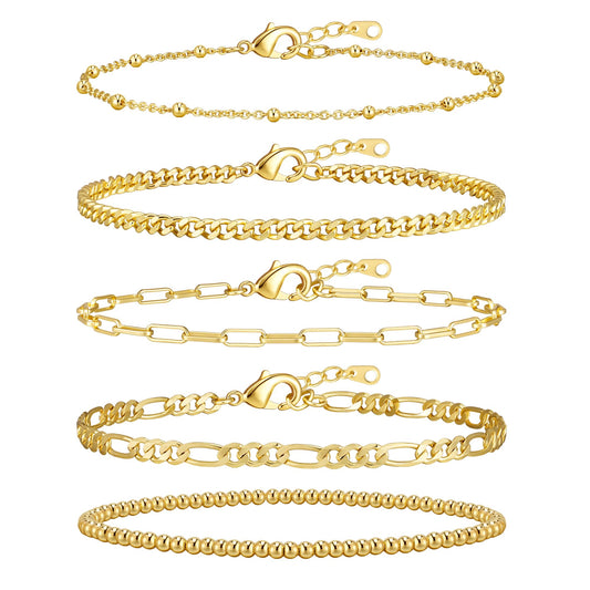 adoyi Gold Bracelets for Women, 14K Gold Plated Stackable Bracelet Stack Set Adjustable Charm Paperclip Chain Cuban Link Layered Waterproof Jewelry Sets Gifts for Womens 6.8 Inch