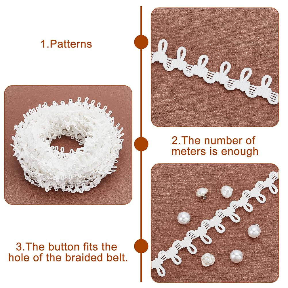 PH PandaHall 20 Yards White Wedding Dress Button Loops Petite Braid Trim Tassel Fringe Lace Trim with 60pcs Pearl Buttons Sewing Dress Zipper Extender for Costume Crafts Sewing Wedding Bridal Dress