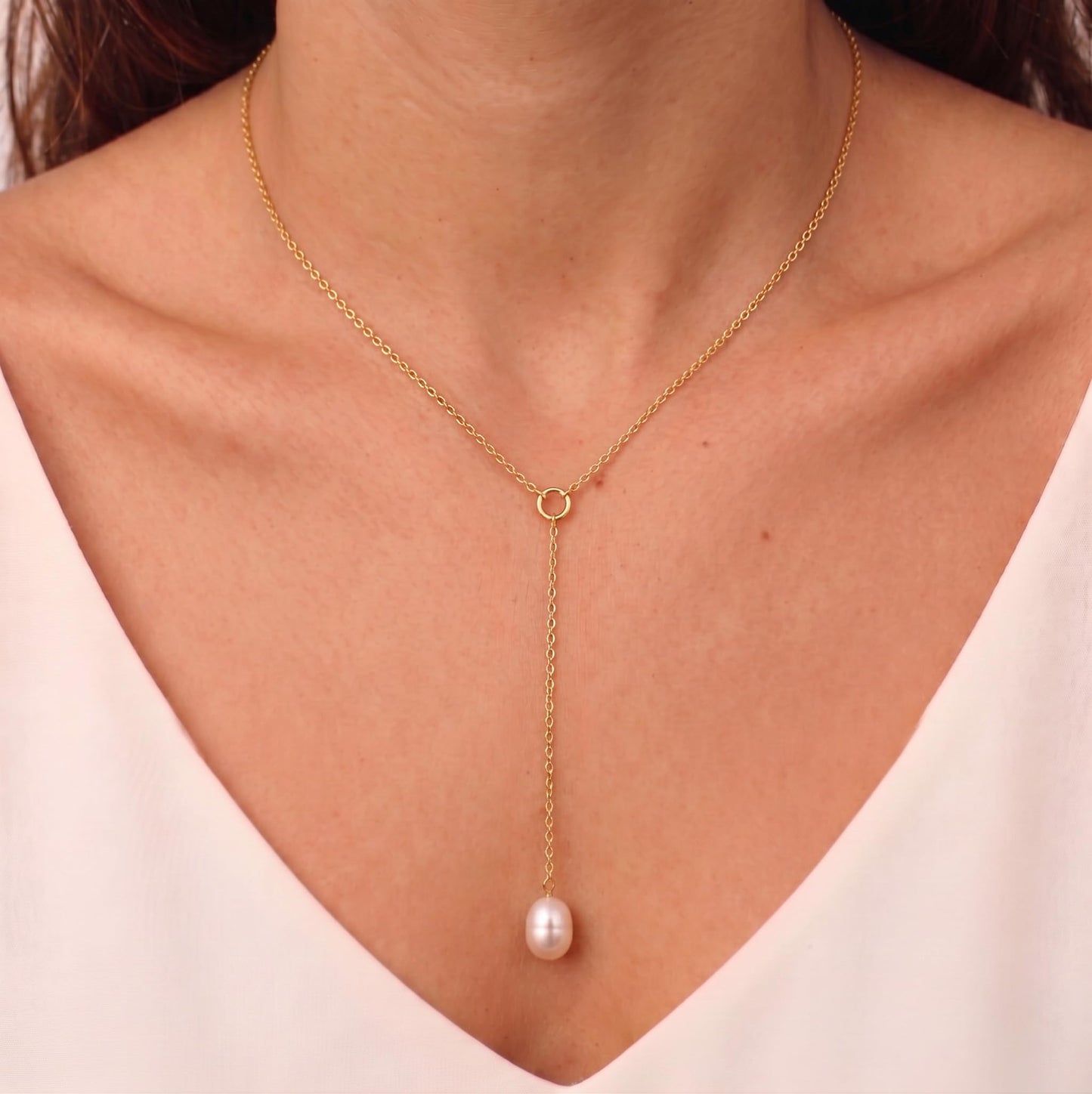 Tewiky Pearl Drop Necklace, Simple Gold Jewelry Dainty Long Gold Necklaces for Women Trendy Gold Plated Pearl Lariat Necklace Delicate Bridesmaid Jewelry Y Necklace for Women