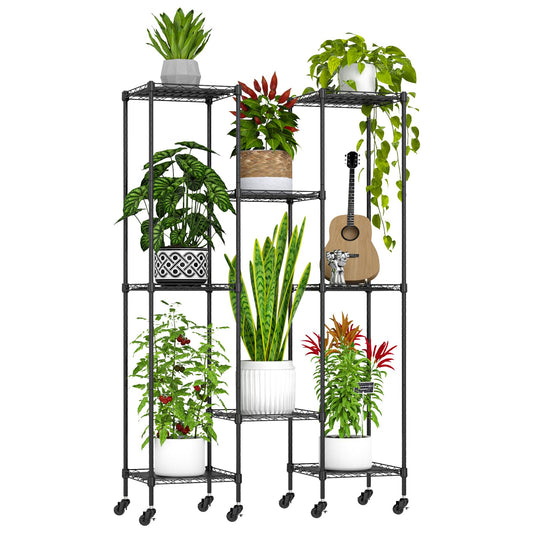 Abimars 59'' Plant Stand with Wheels, Shelf Height Adjustable Metal Plant Shelf for 8 Potted Plants, DIY Assembly Indoor & Outdoor Plant Display Rack