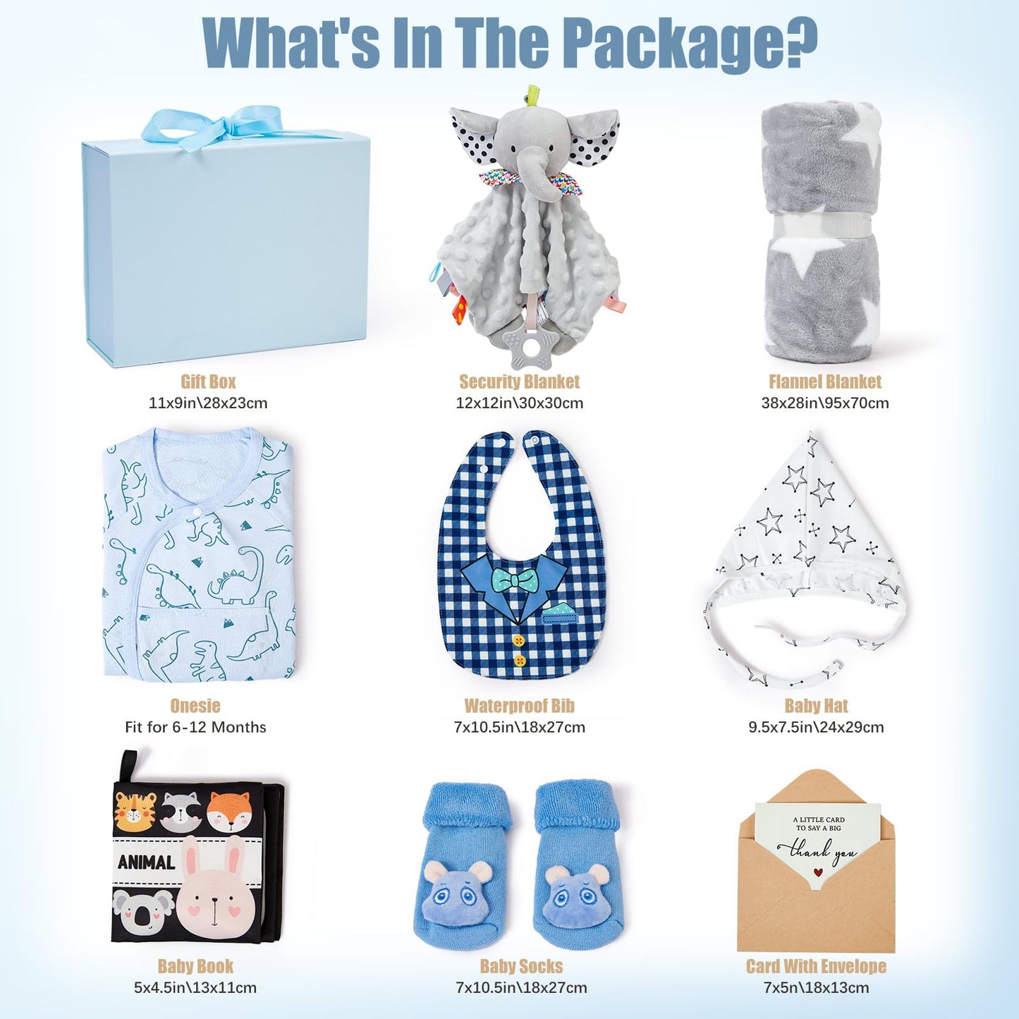 Golray 9pcs Baby Shower Gifts for Boys Newborn Kit, Blanket/Elephant Soothe/Fabric Book/Bodysuit/Bib/Sock/Hat/Greeting Card, Baby Essentials Stuff Gift for Newborn Boy Friend Newmom
