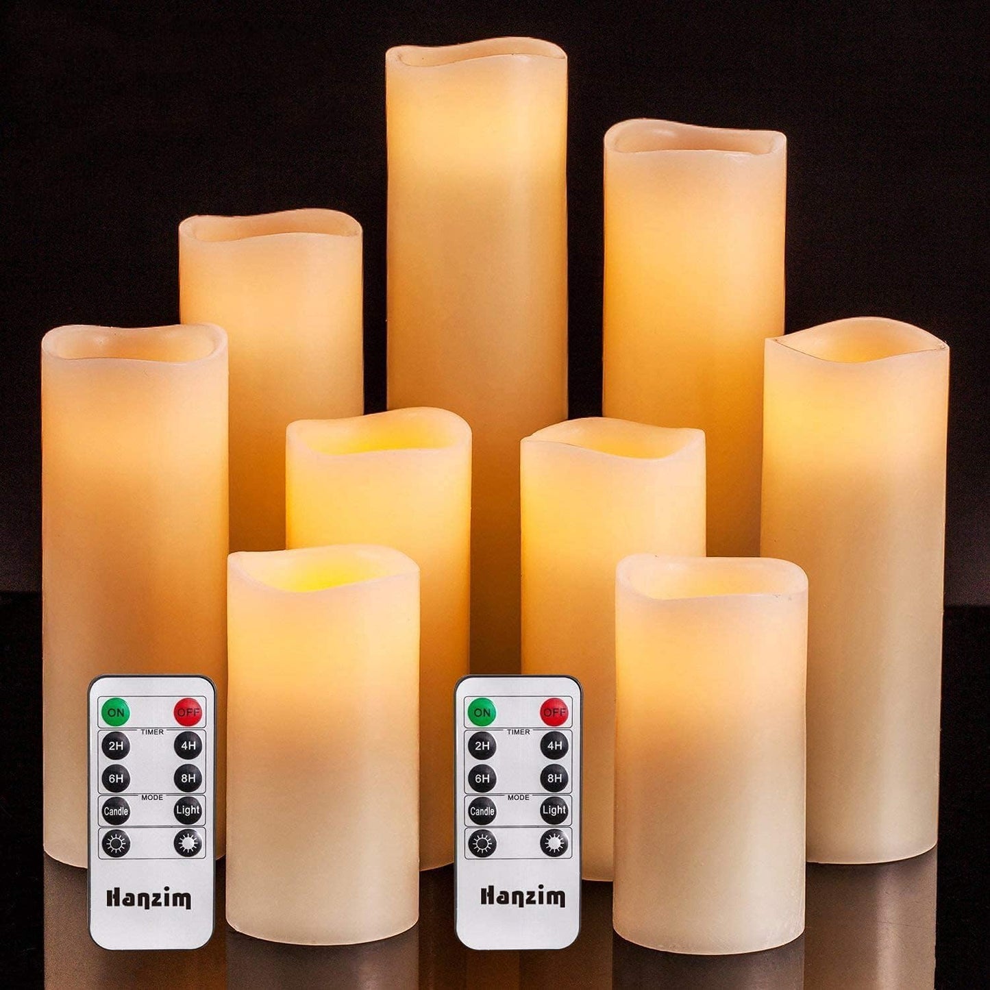 Hanzim Flameless Flickering Battery Operated Candles D2.2''*H4 5" 6"" 7"" 8"" 9"" Set of 9 Ivory Real Wax Pillar LED Candles with 10-Key Remote and Cycling 24 Hours Timer (Ivory)"