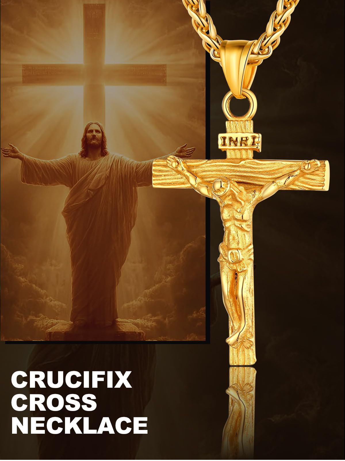 U7 Crucifix Cross Necklace 18K Gold Plated Crucifix Necklace Cross Pendant for Men with Rope Chain 26"(Gold)