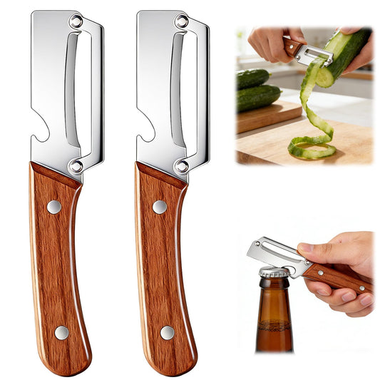 2 Pcs Multi-Functional Vegetable Peeler for Kitchen, Premium Vegetable Peeler with Wooden Handle and Bottle Opener, Stainless Steel Blade Kitchen Tool for Fruit Apple Potato Pumpkin Papaya Carrot