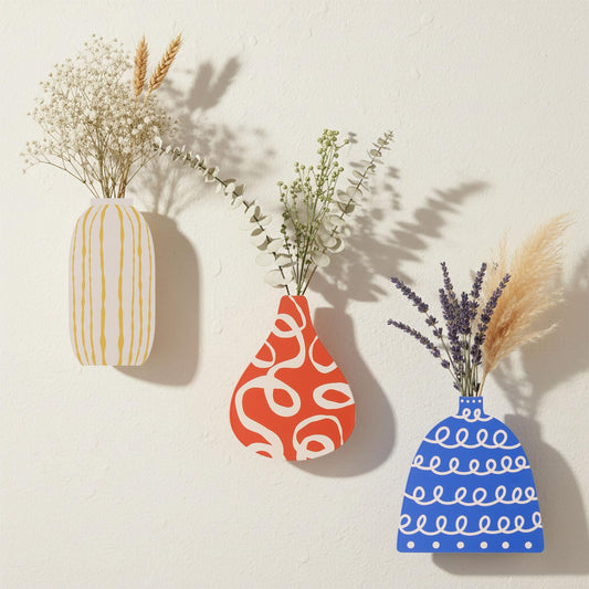 AIM & GGKK Wall Vase Set of 3, Decorative Wall Vases for Flowers with Colorful Pattern Design, Modern Wall Flower Vase Decor for Living Room Entryway